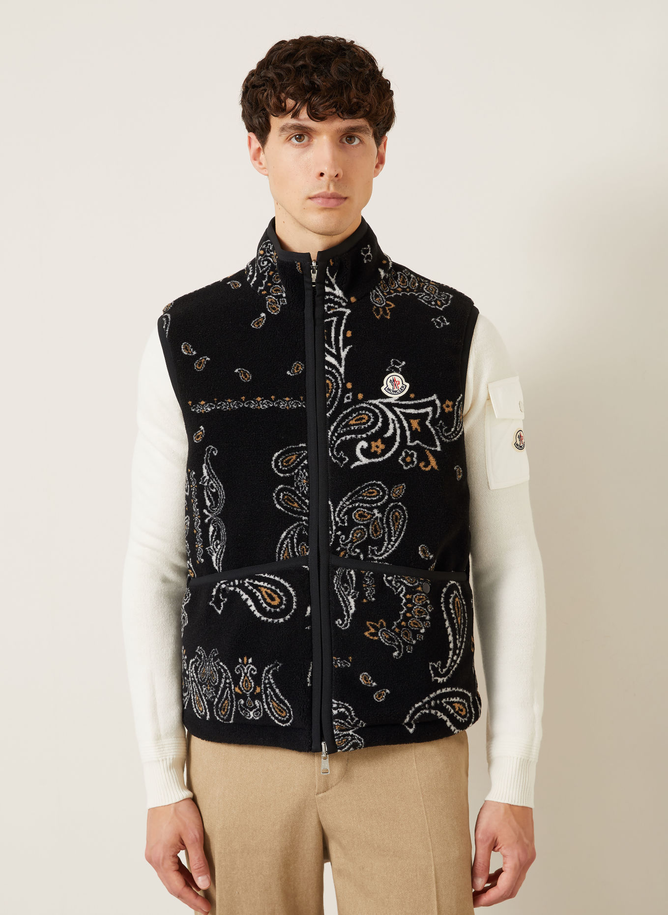 MONCLER Veste polaire sans manches réversible: NOIR / CHAMEAU / ÉCRU