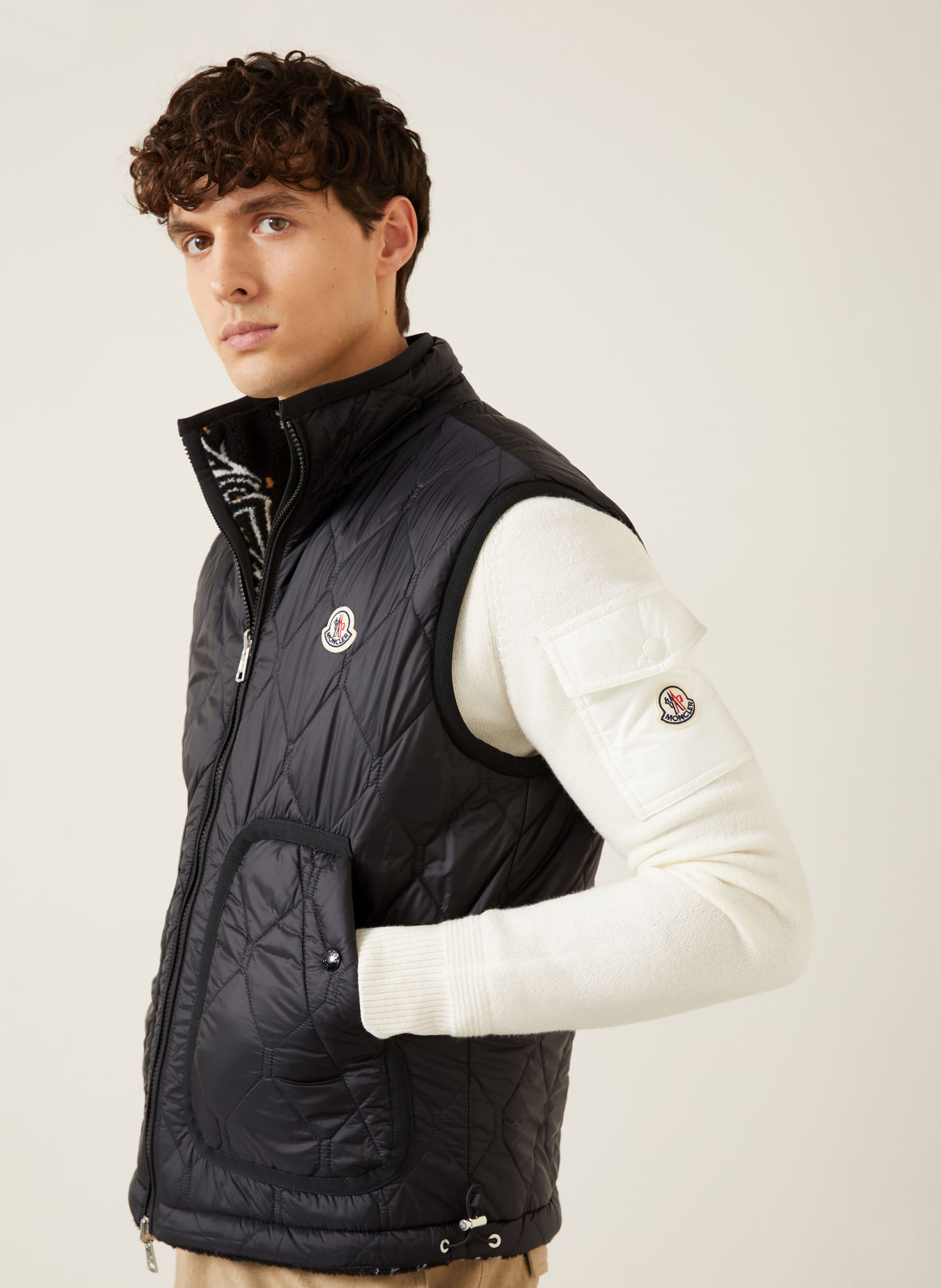 MONCLER Veste polaire sans manches réversible: NOIR / CHAMEAU / ÉCRU