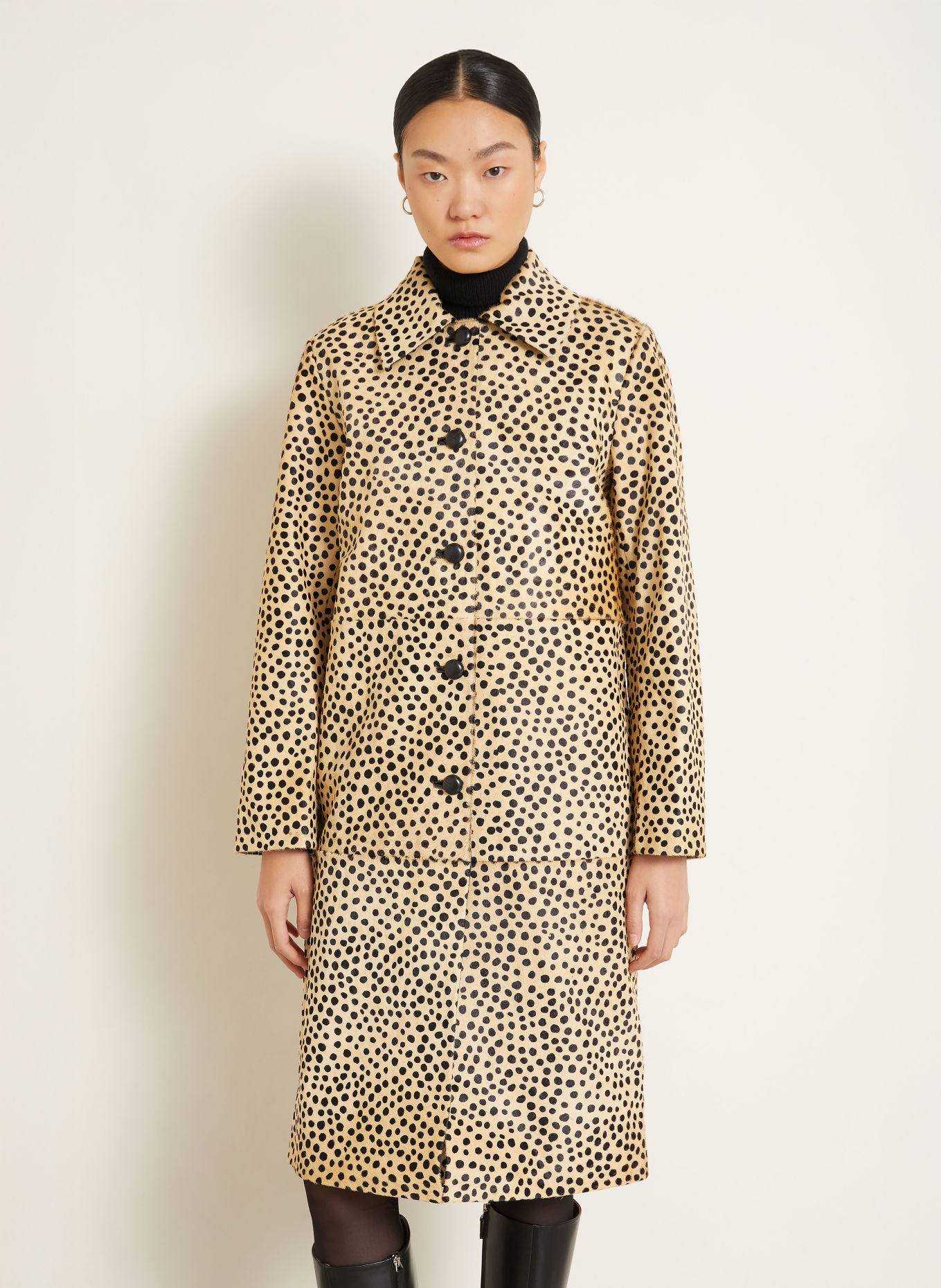 RÓHE Leather coat: BEIGE / BLACK
