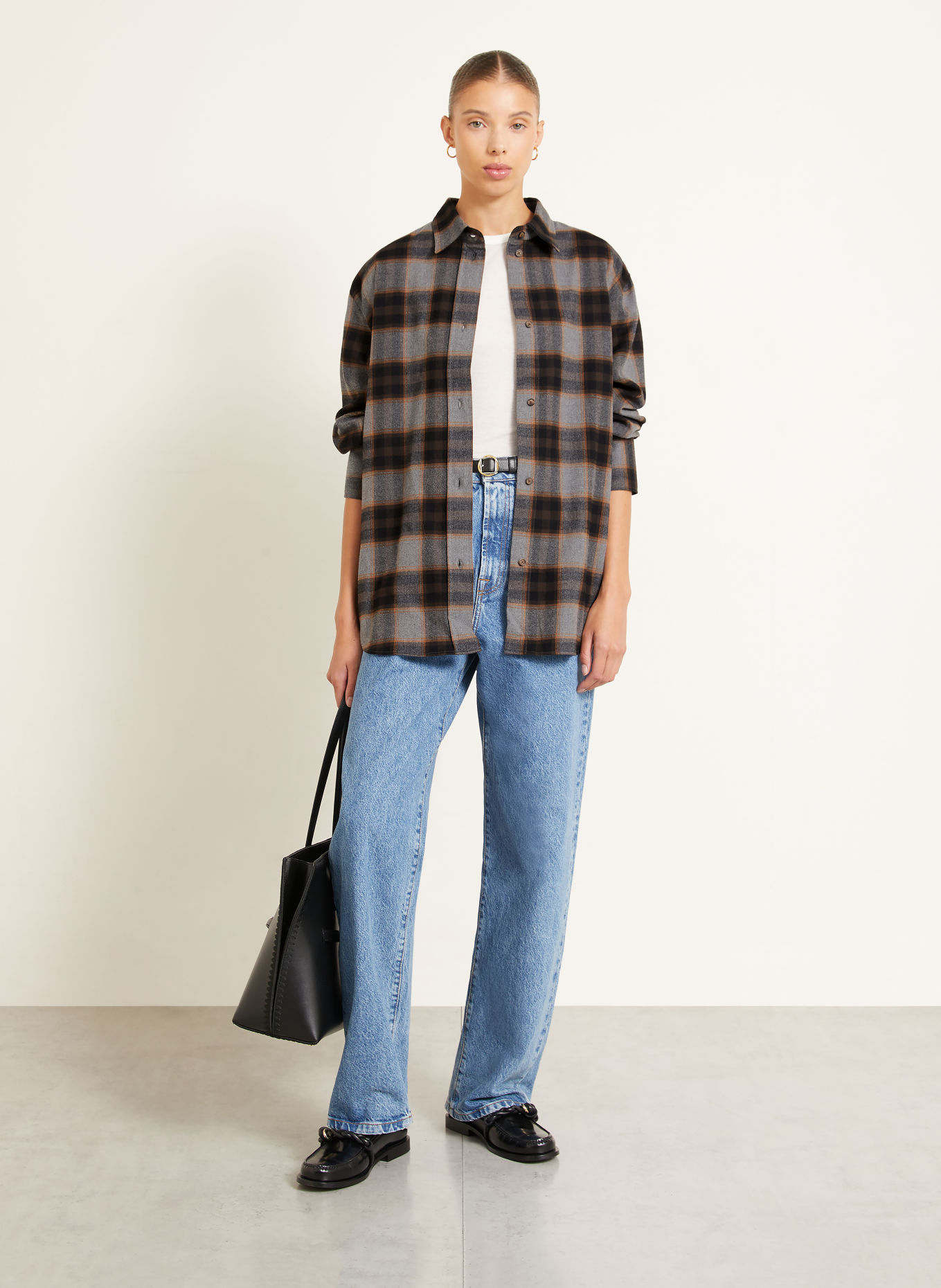 RÓHE Flanel shirt blouse: BLACK / GRAY / DARK ORANGE