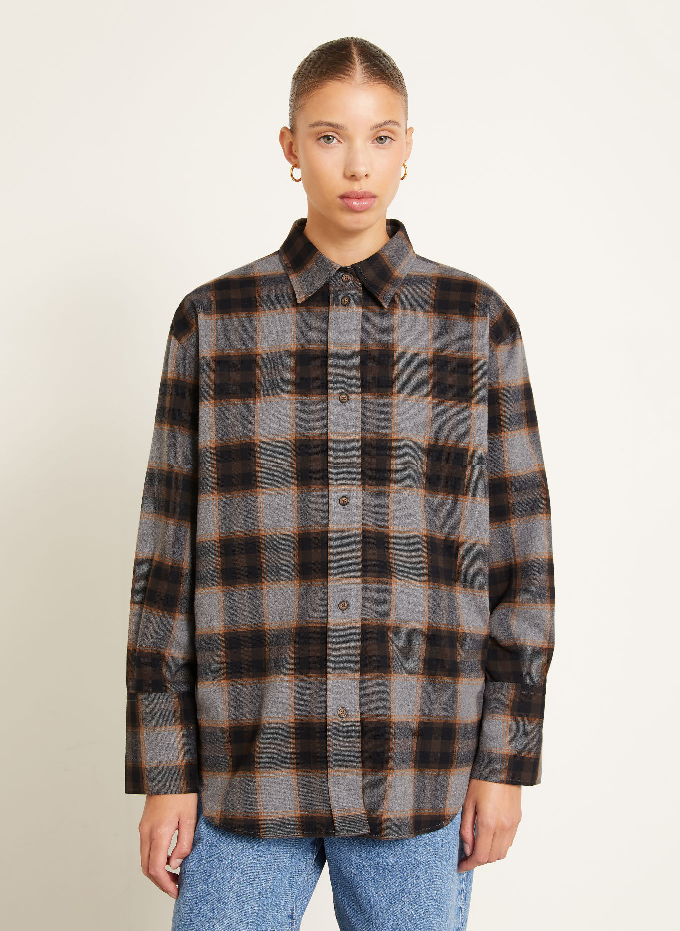 RÓHE Flanel shirt blouse: BLACK / GRAY / DARK ORANGE