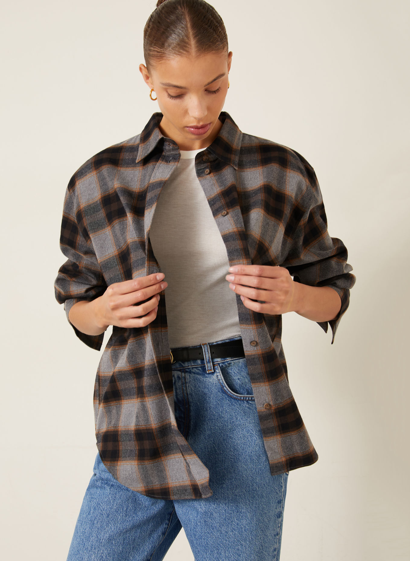RÓHE Flanel shirt blouse: BLACK / GRAY / DARK ORANGE