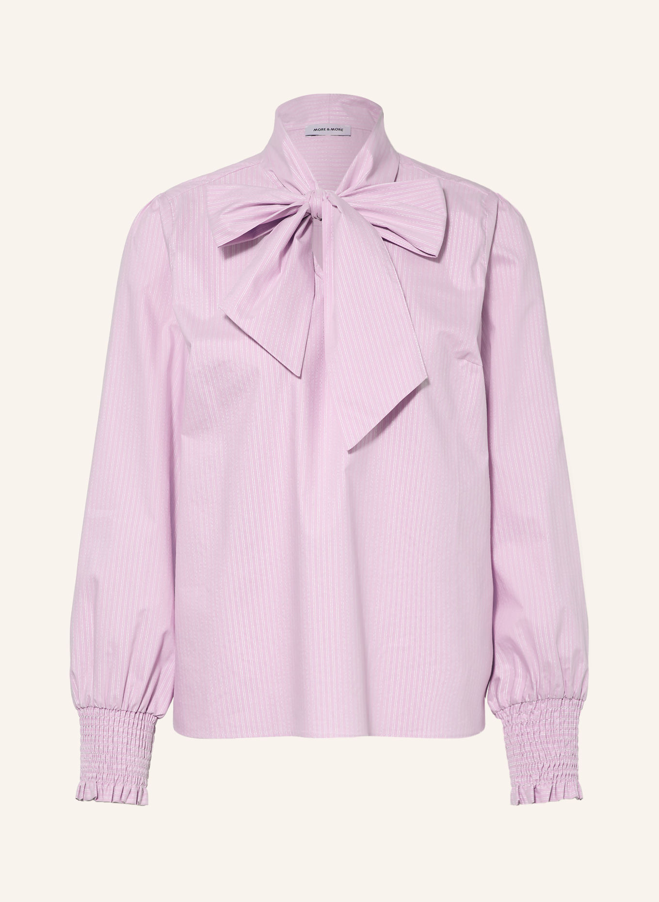MORE & MORE Tie-neck blouse with glittery thread and ruffles: LIGHT PURPLE / SILVER
