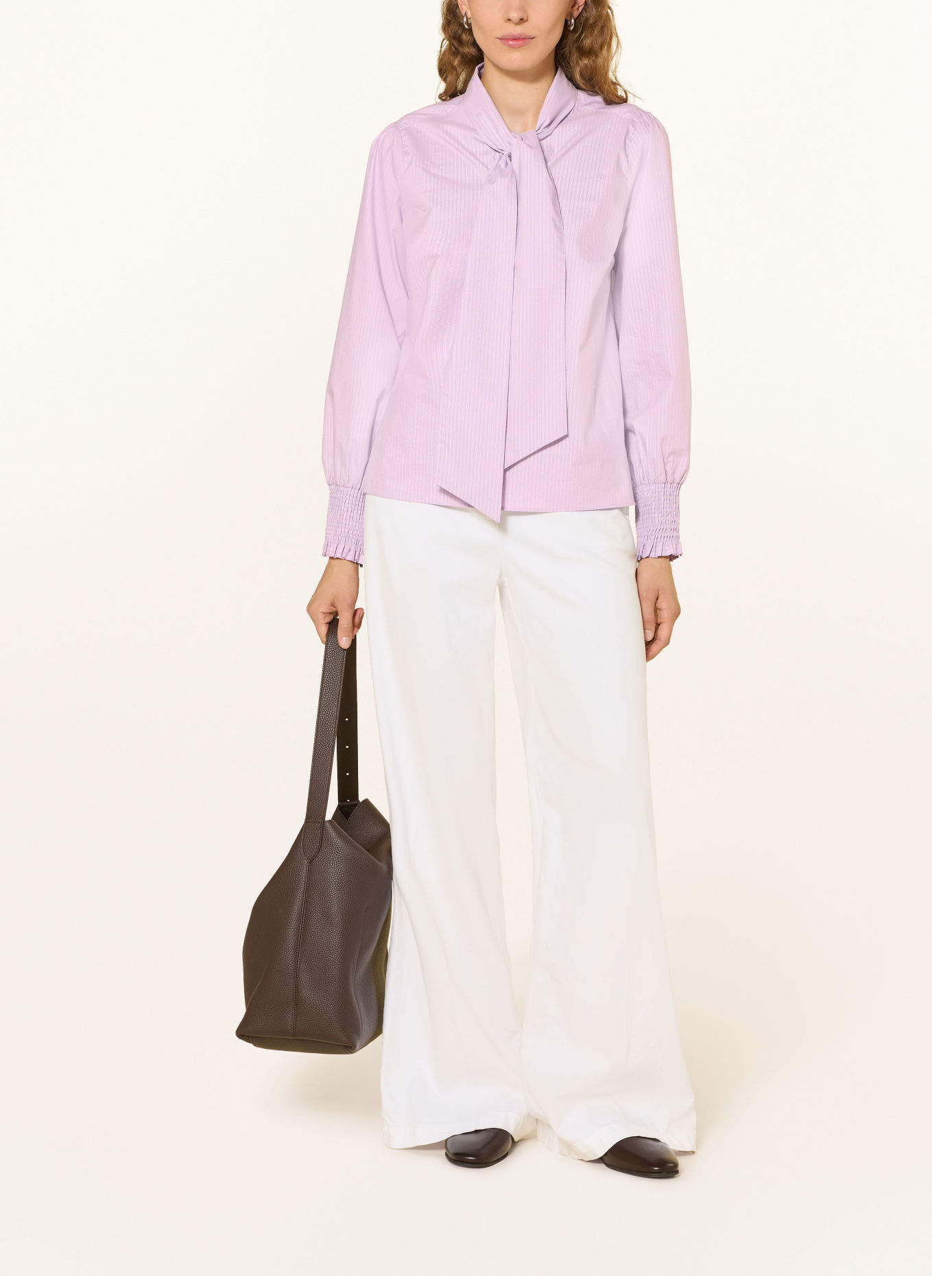 MORE & MORE Tie-neck blouse with glittery thread and ruffles: LIGHT PURPLE / SILVER
