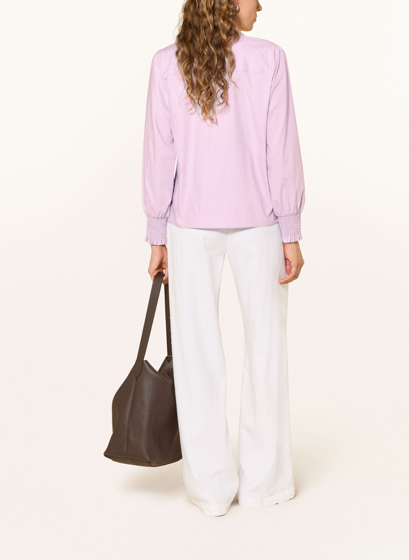 MORE & MORE Tie-neck blouse with glittery thread and ruffles: LIGHT PURPLE / SILVER