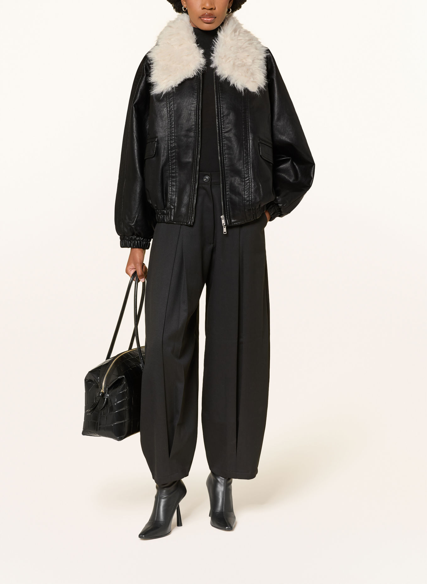 Source Unknown RIONI leather-look jacket with a detachable faux fur collar: BLACK