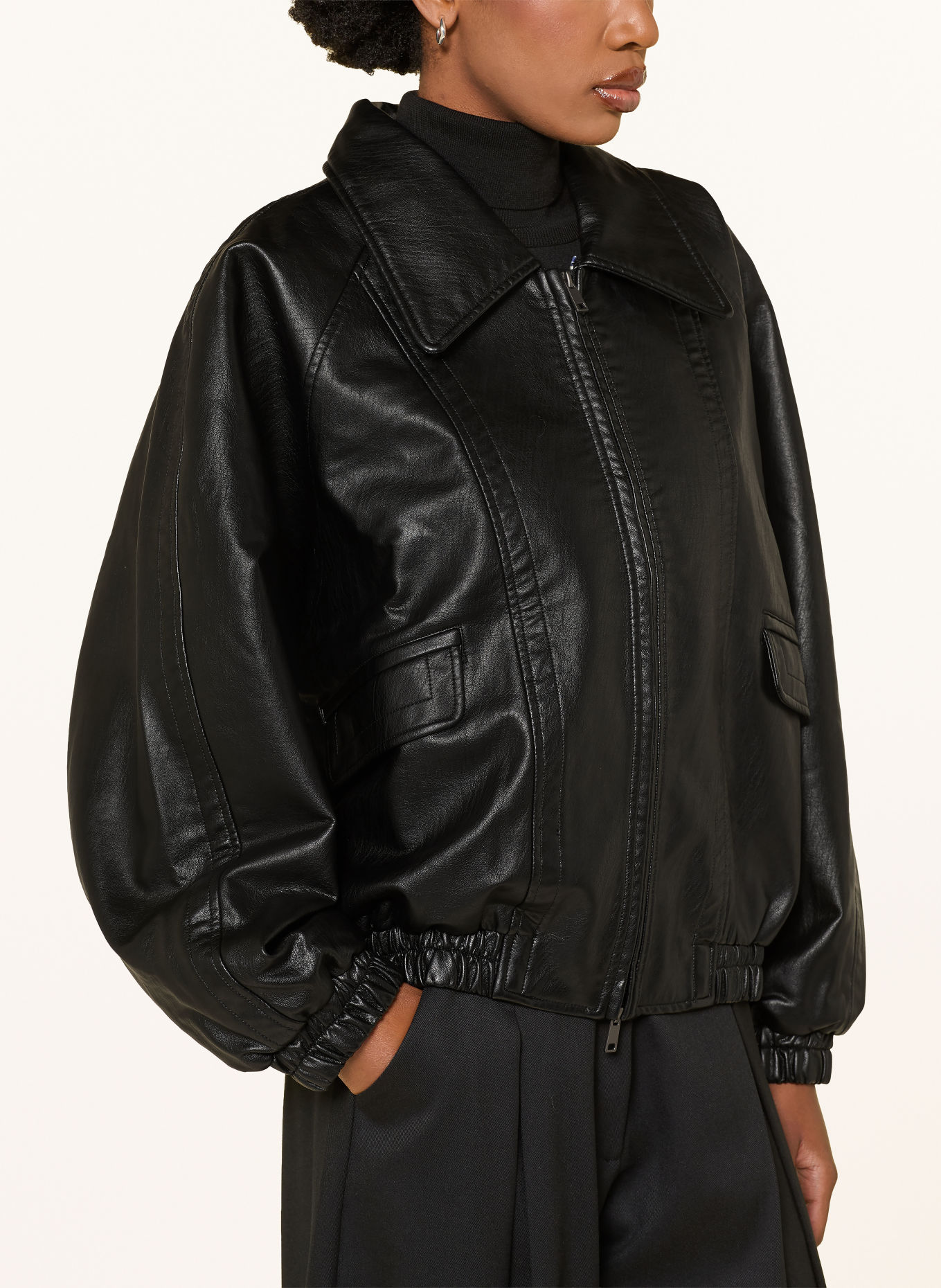 Source Unknown RIONI leather-look jacket with a detachable faux fur collar: BLACK