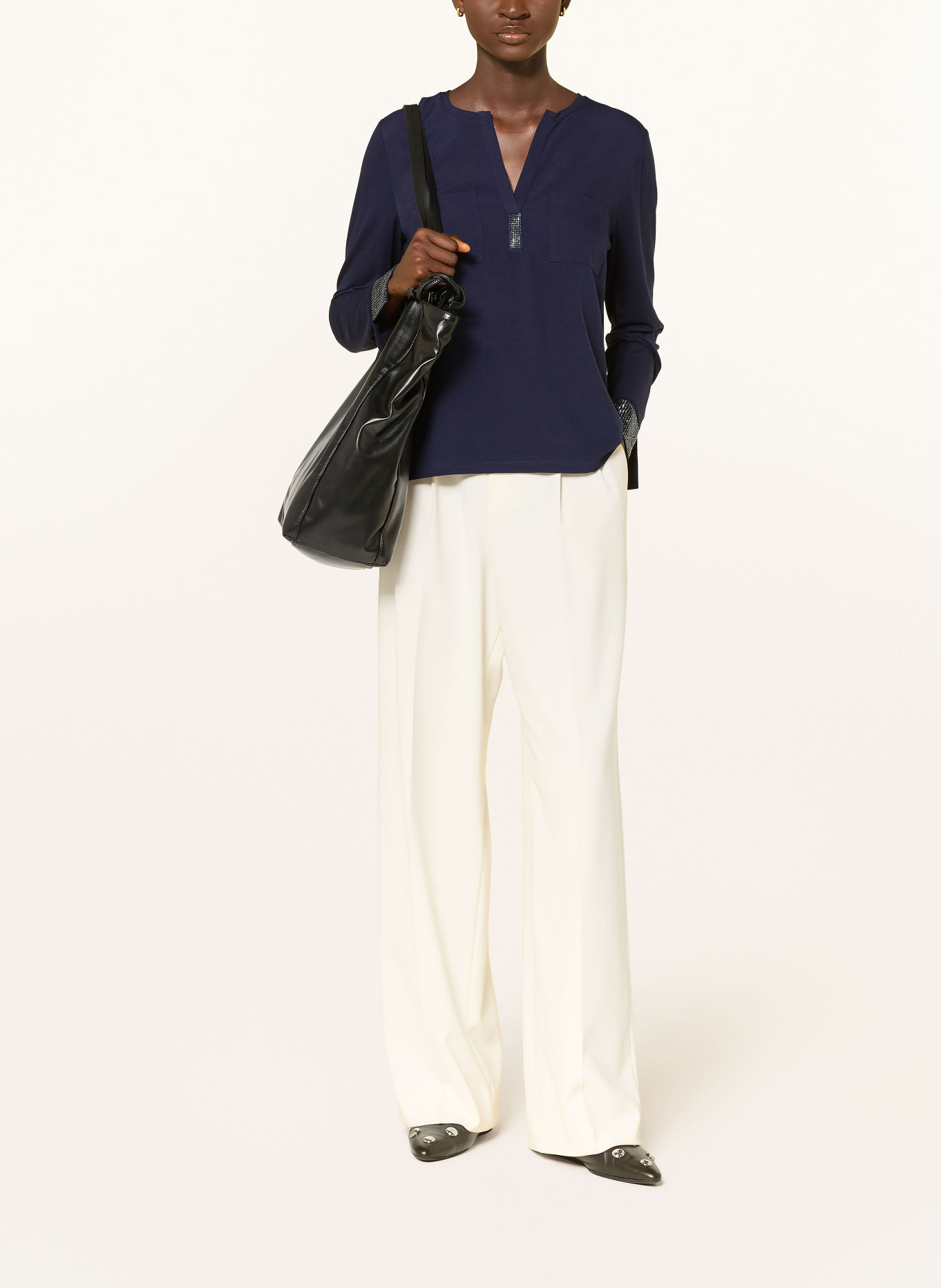 monari Shirt blouse in a mix of fabrics with rhinestones: DARK BLUE