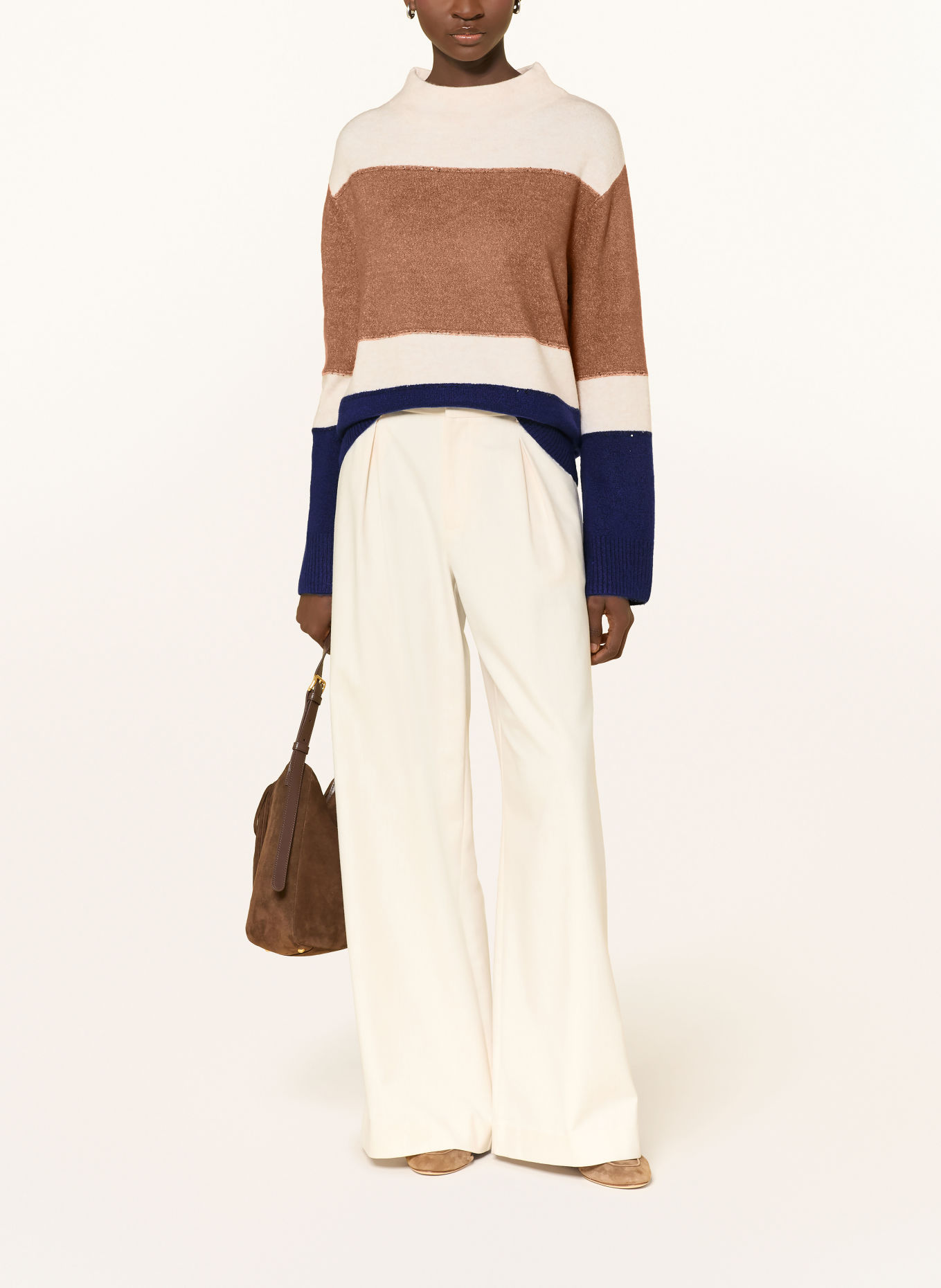 monari Pullover med pailletter: BRUN / ECRU / MØRKEBLÅ