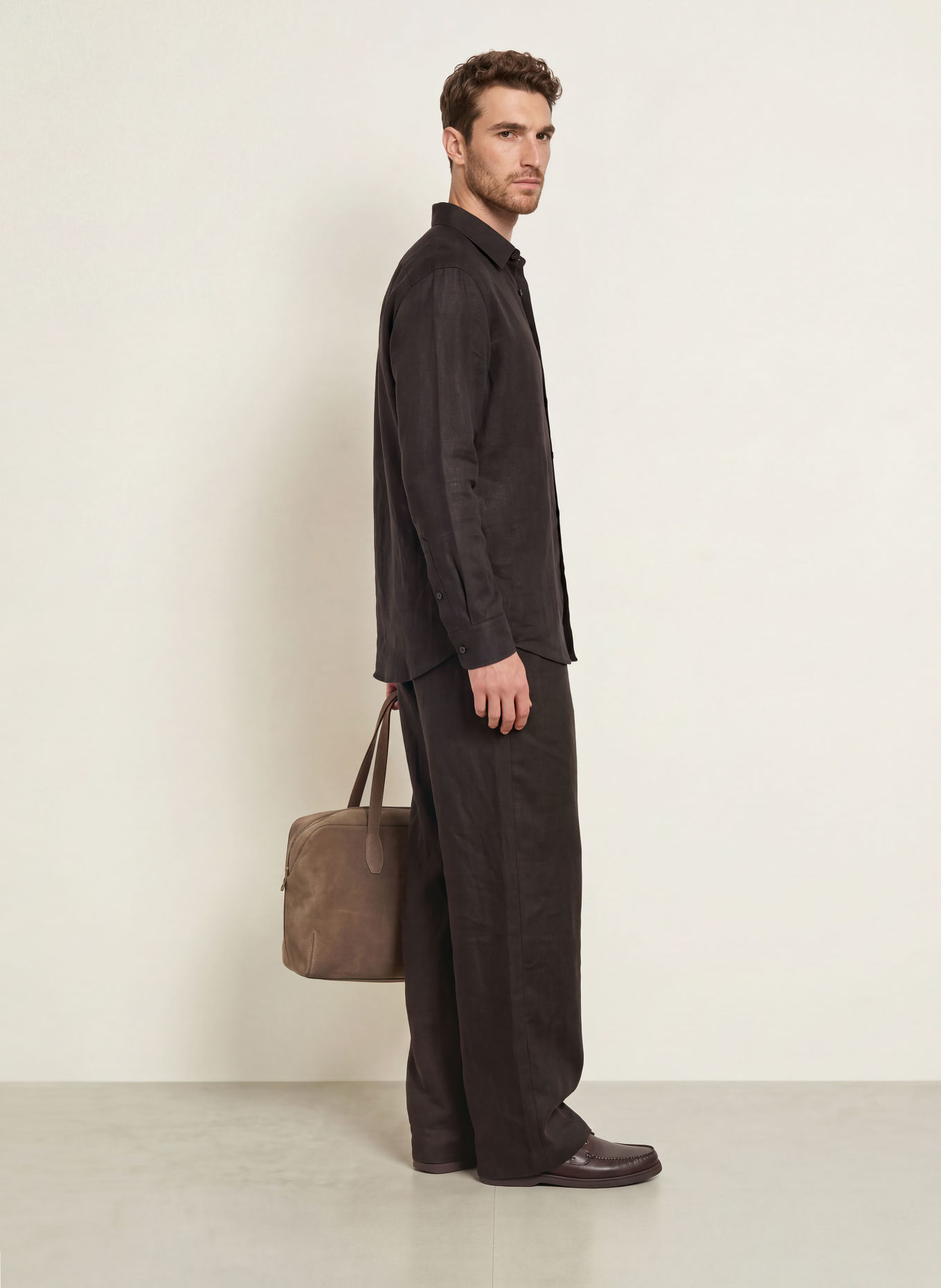 BOSS Linnen broek met regular fit in joggingstijl: MARRON FONCÉ