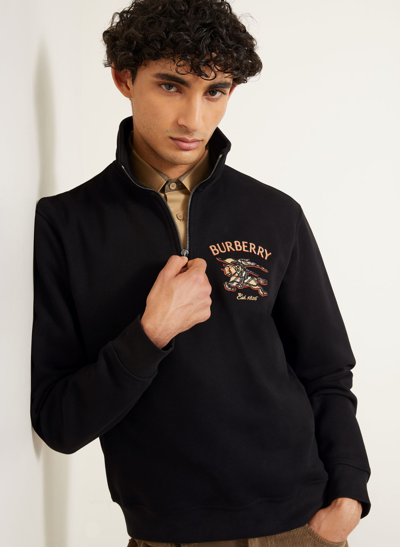 BURBERRY JACOB Half-zip sweatshirt: BLACK / LIGHT BROWN / RED