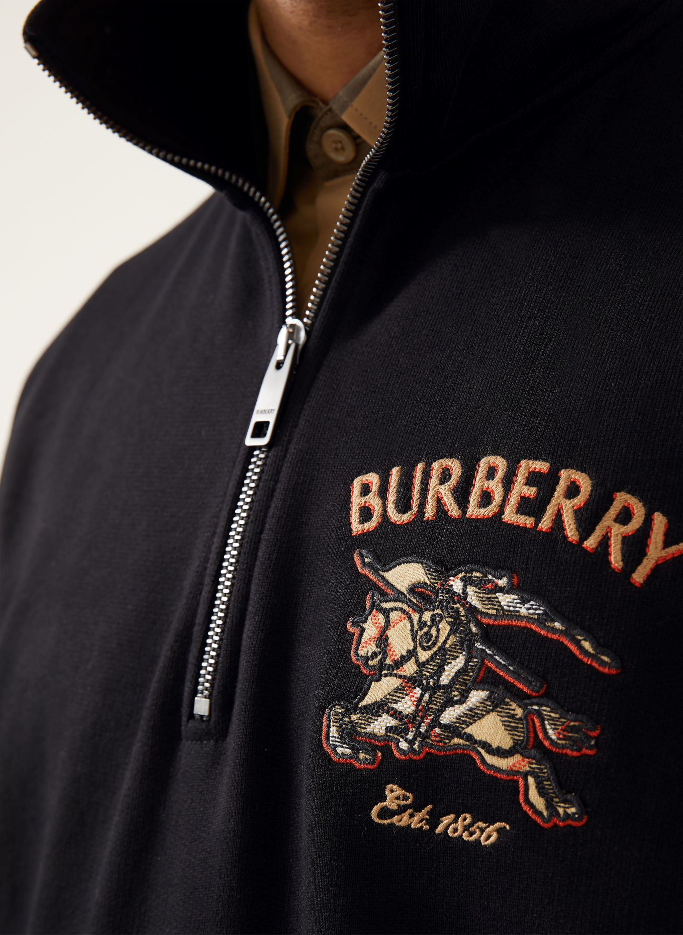 BURBERRY JACOB Half-zip sweatshirt: BLACK / LIGHT BROWN / RED