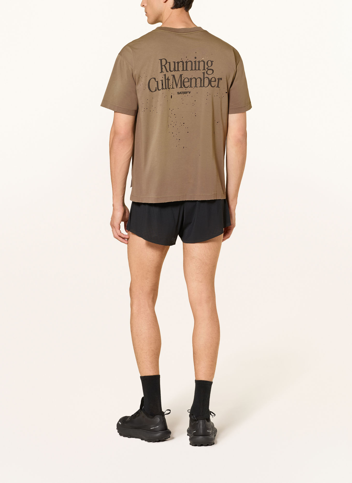 SATISFY T-shirt de course MOTHTECH: OLIVE / BLANC