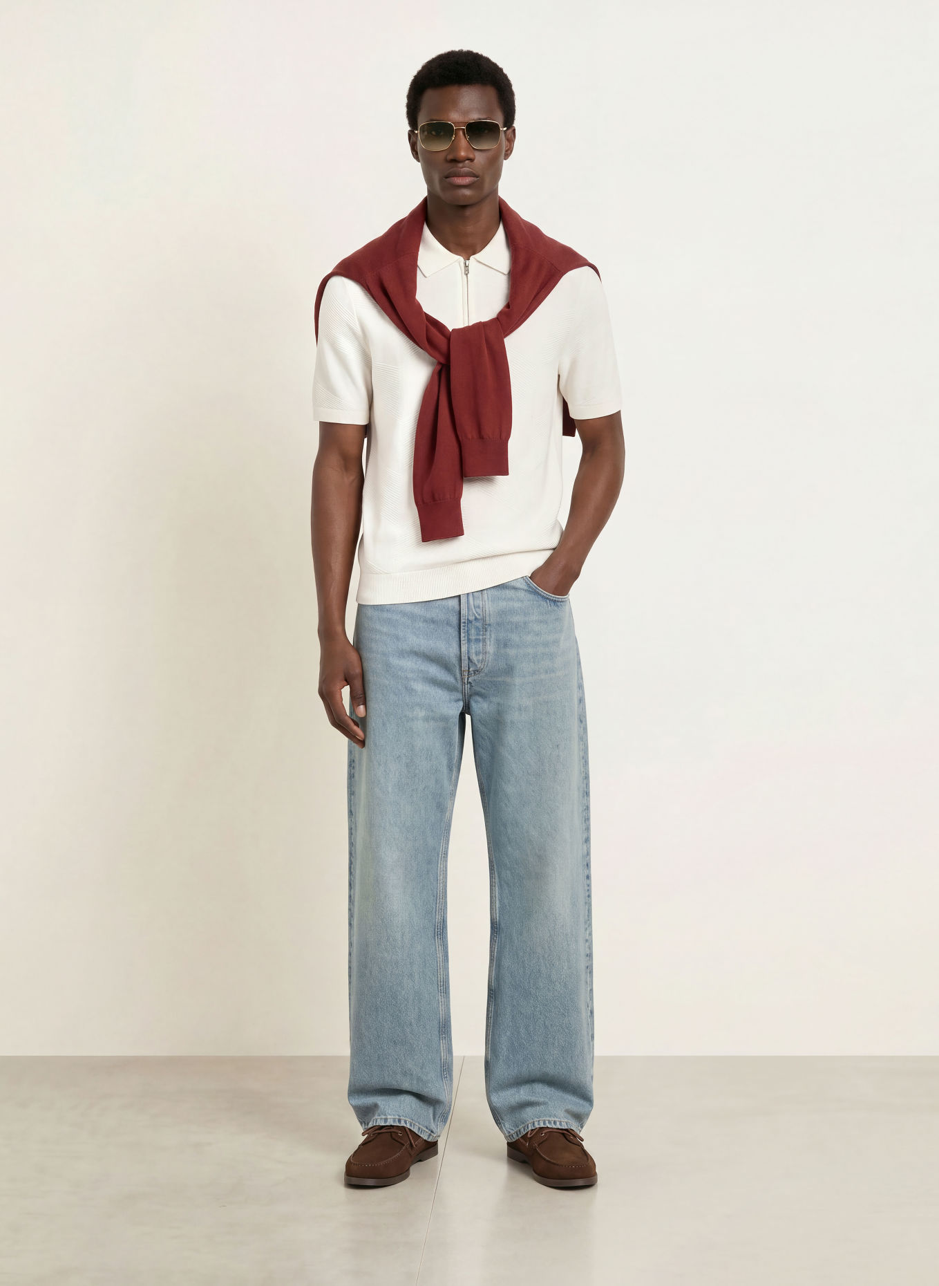REISS LEIGHAM Knit polo shirt: ECRU