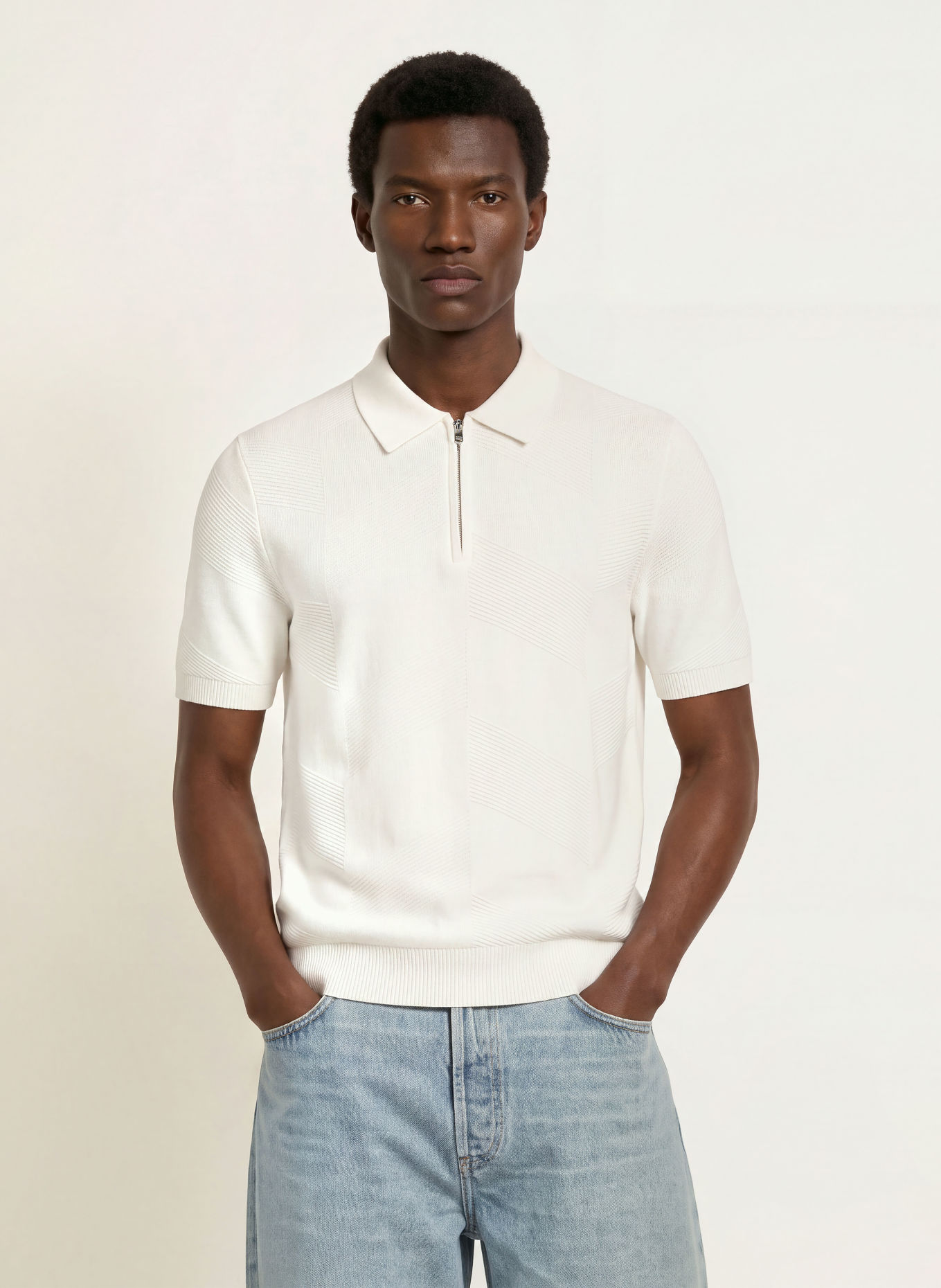 REISS LEIGHAM Knit polo shirt: ECRU