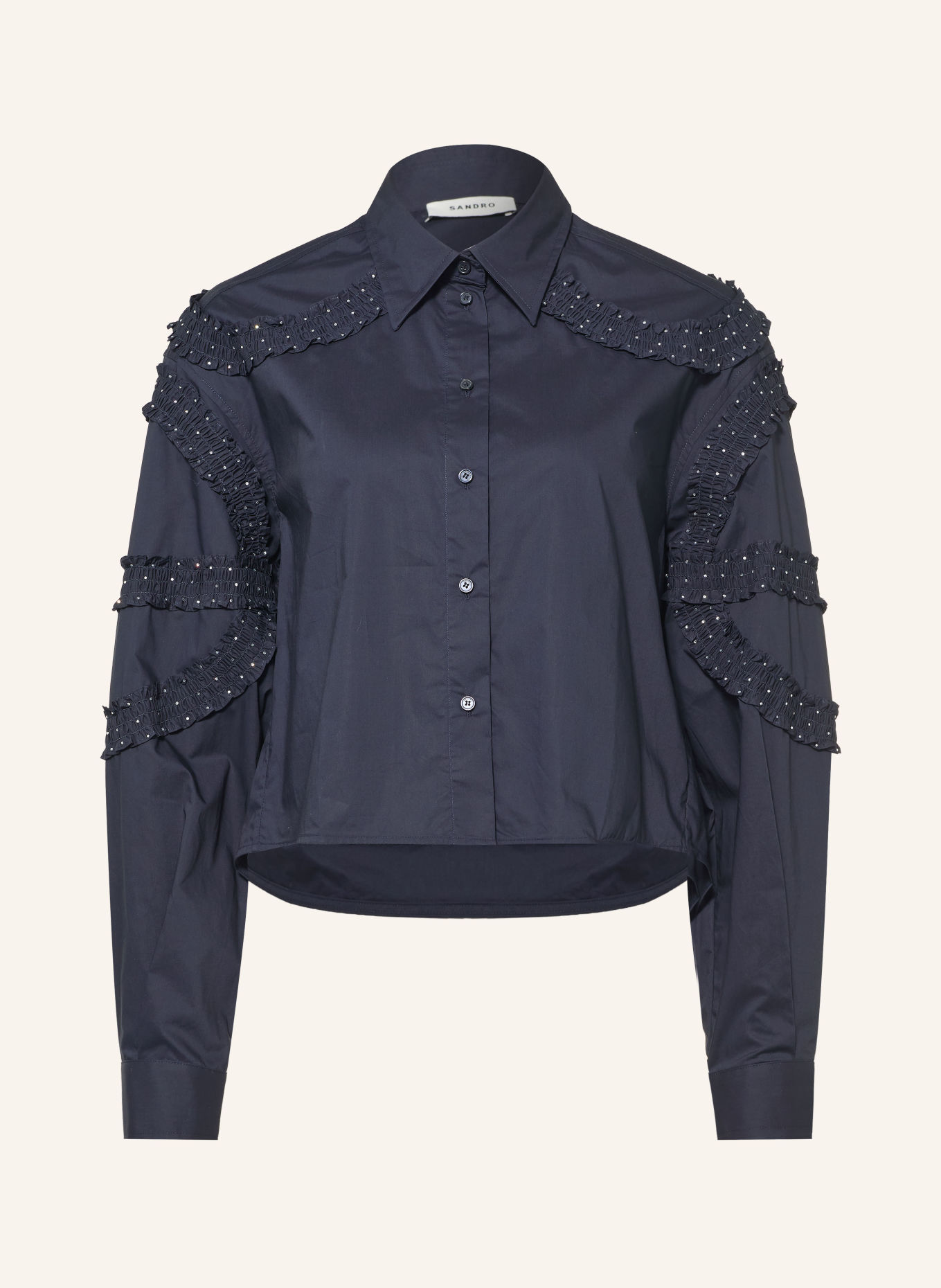 SANDRO Hemdbluse mit Rüschen und Schmucksteinen: DUNKELBLAU / WEISSGOLD