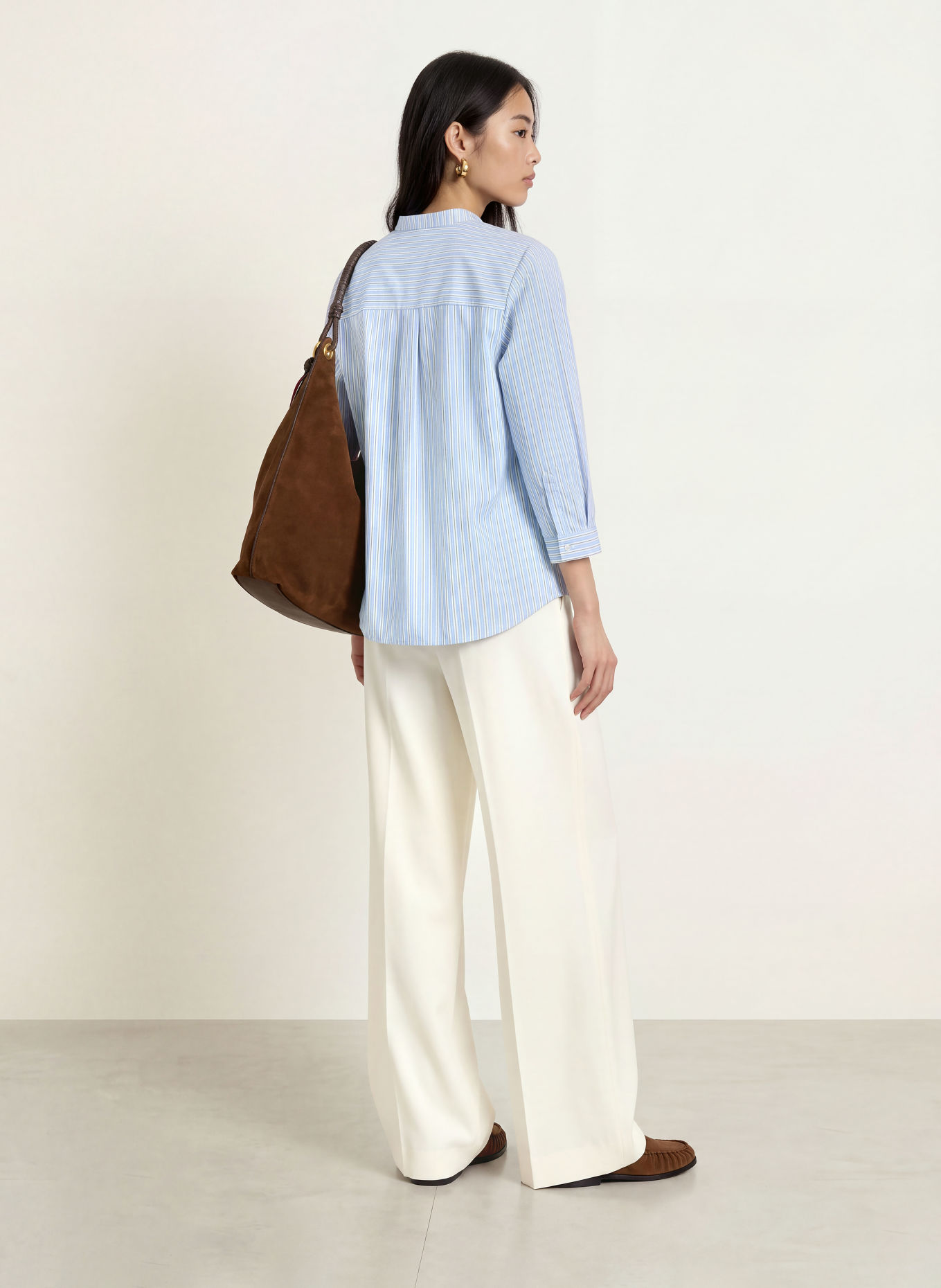 MORE & MORE Blouseshirt met 3/4-mouwen: LICHTBLAUW / BRUIN / WIT