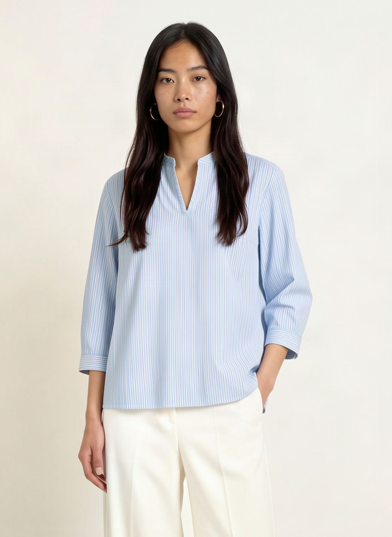MORE & MORE Blouseshirt met 3/4-mouwen: LICHTBLAUW / BRUIN / WIT