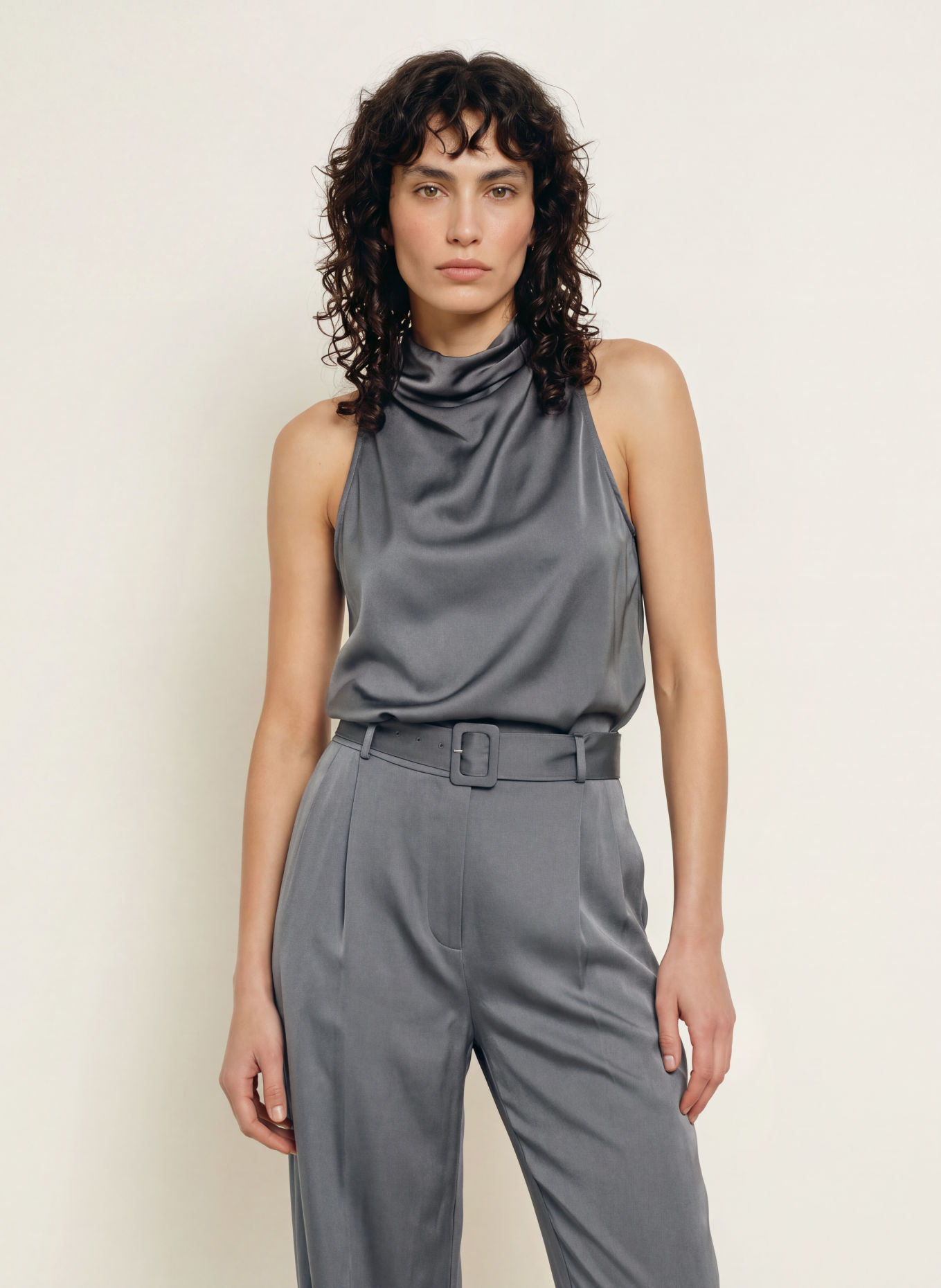 REISS ERICA Satin Jumpsuit: DARK GRAY