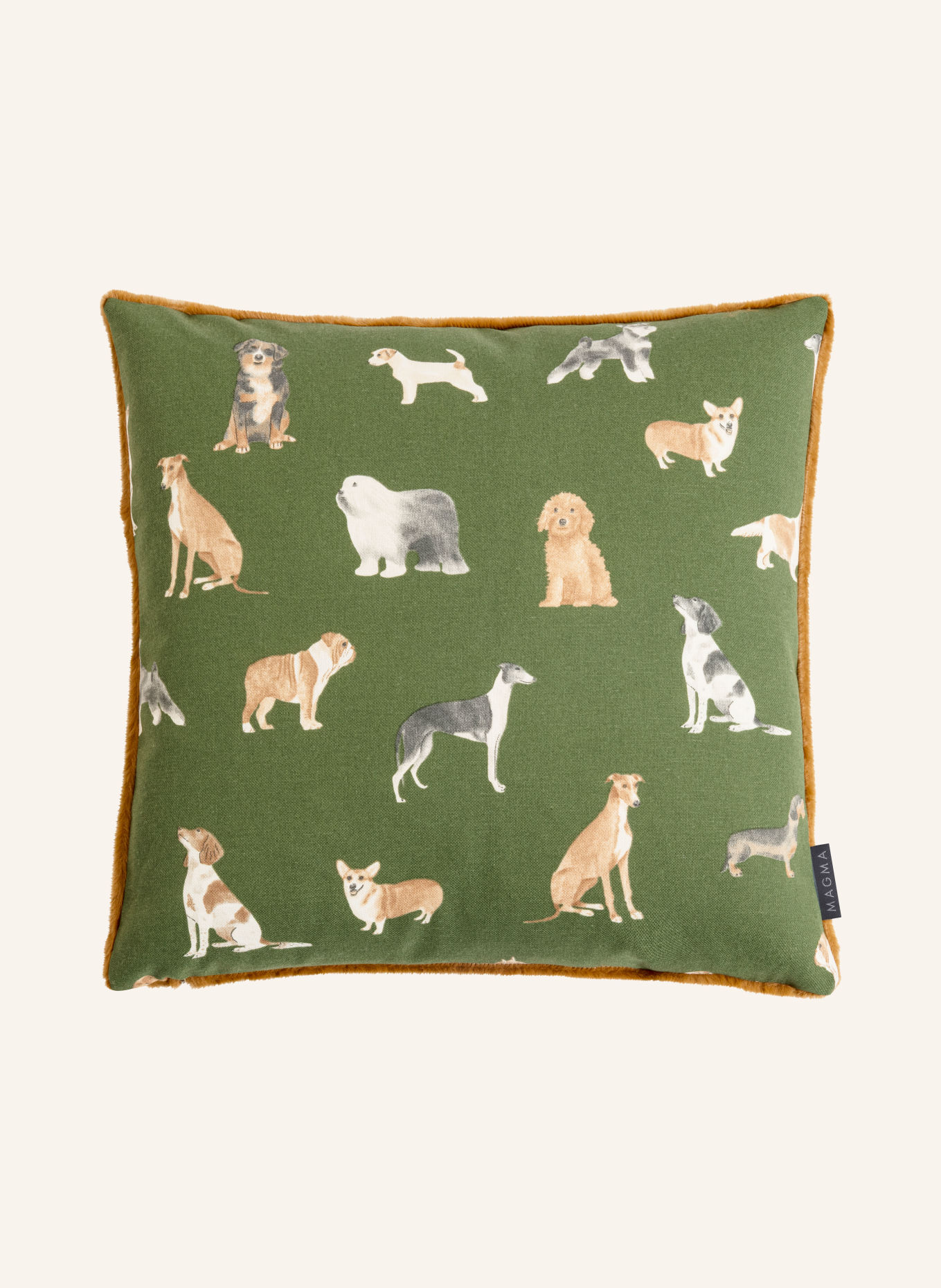MAGMA DOG MIX Decorative cushion cover with Faux Fur: GREEN / BEIGE / GRAY