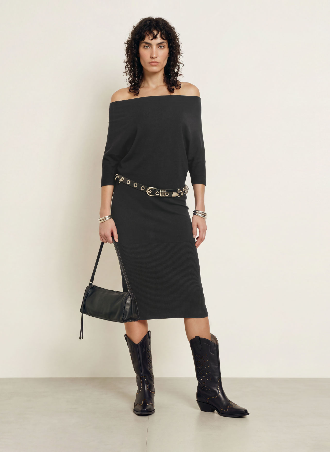 ALLSAINTS Pletené šaty ELLIE s 3/4 rukávy: ČERNÁ
