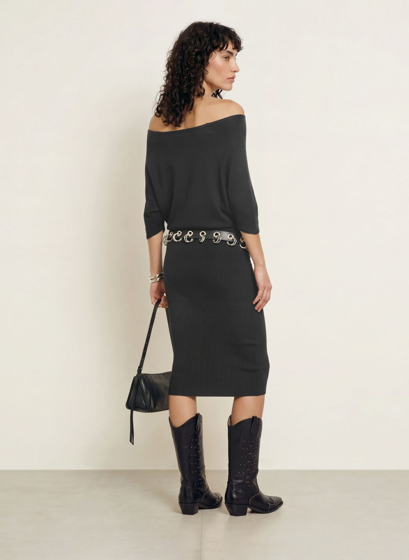 ALLSAINTS Pletené šaty ELLIE s 3/4 rukávy: ČERNÁ