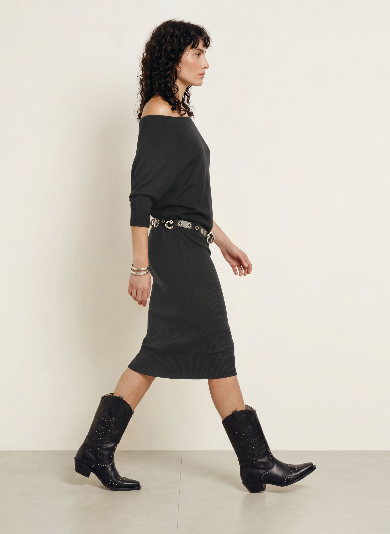ALLSAINTS Pletené šaty ELLIE s 3/4 rukávy: ČERNÁ