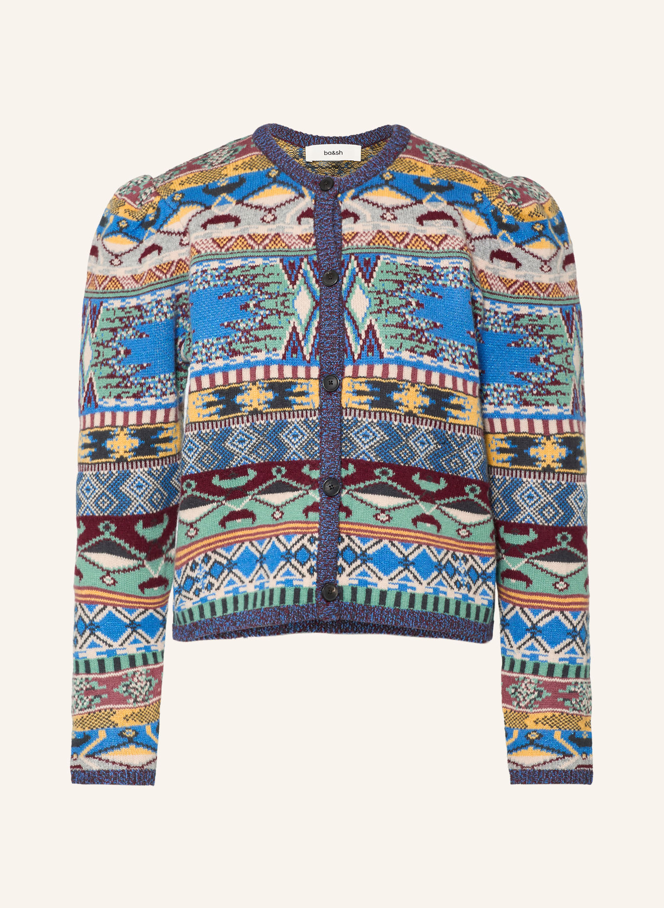 ba&sh MAJA Cardigan with Glitter Yarn: BLUE / DARK RED / LIGHT YELLOW