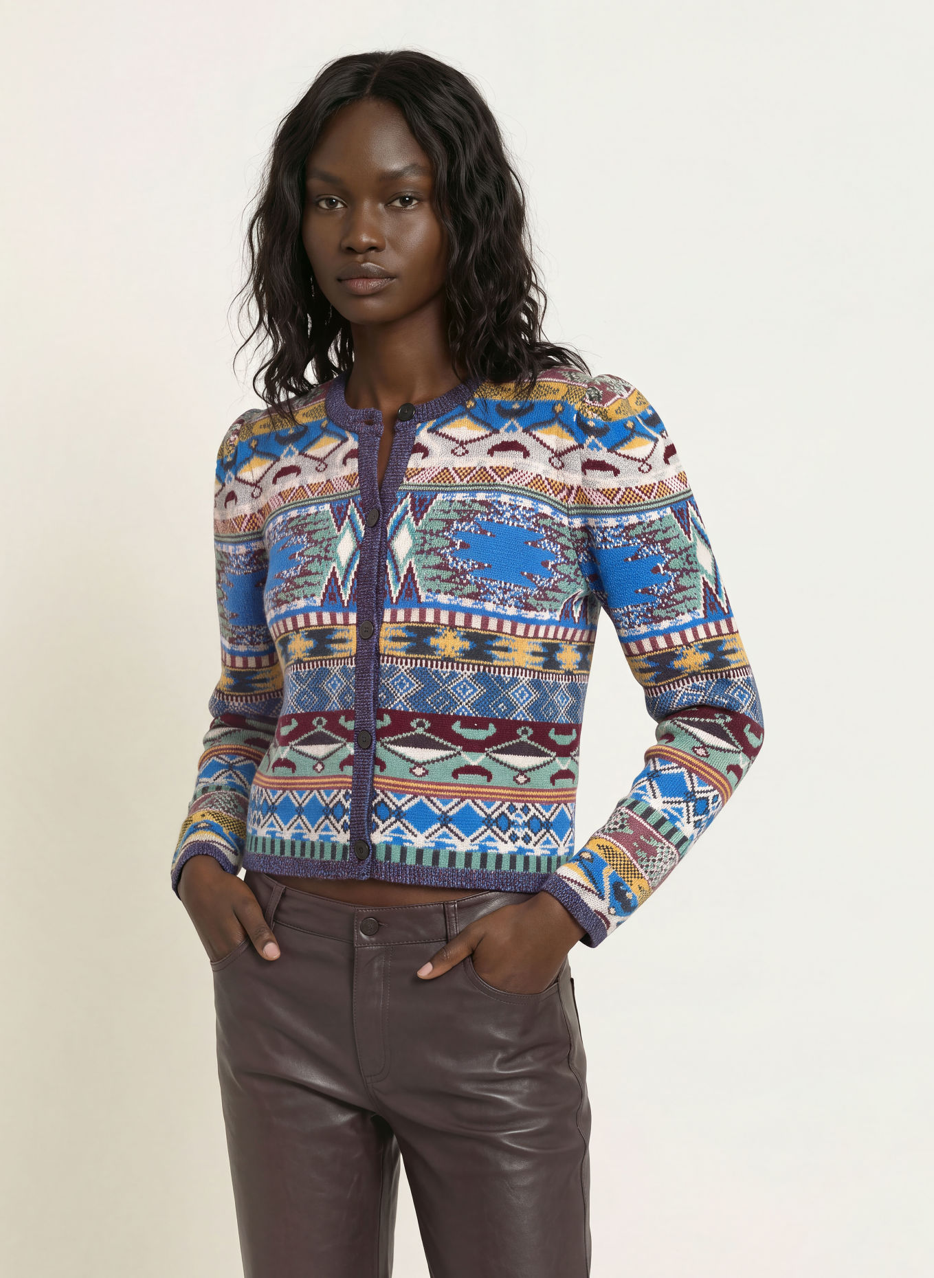 ba&sh MAJA Cardigan with Glitter Yarn: BLUE / DARK RED / LIGHT YELLOW