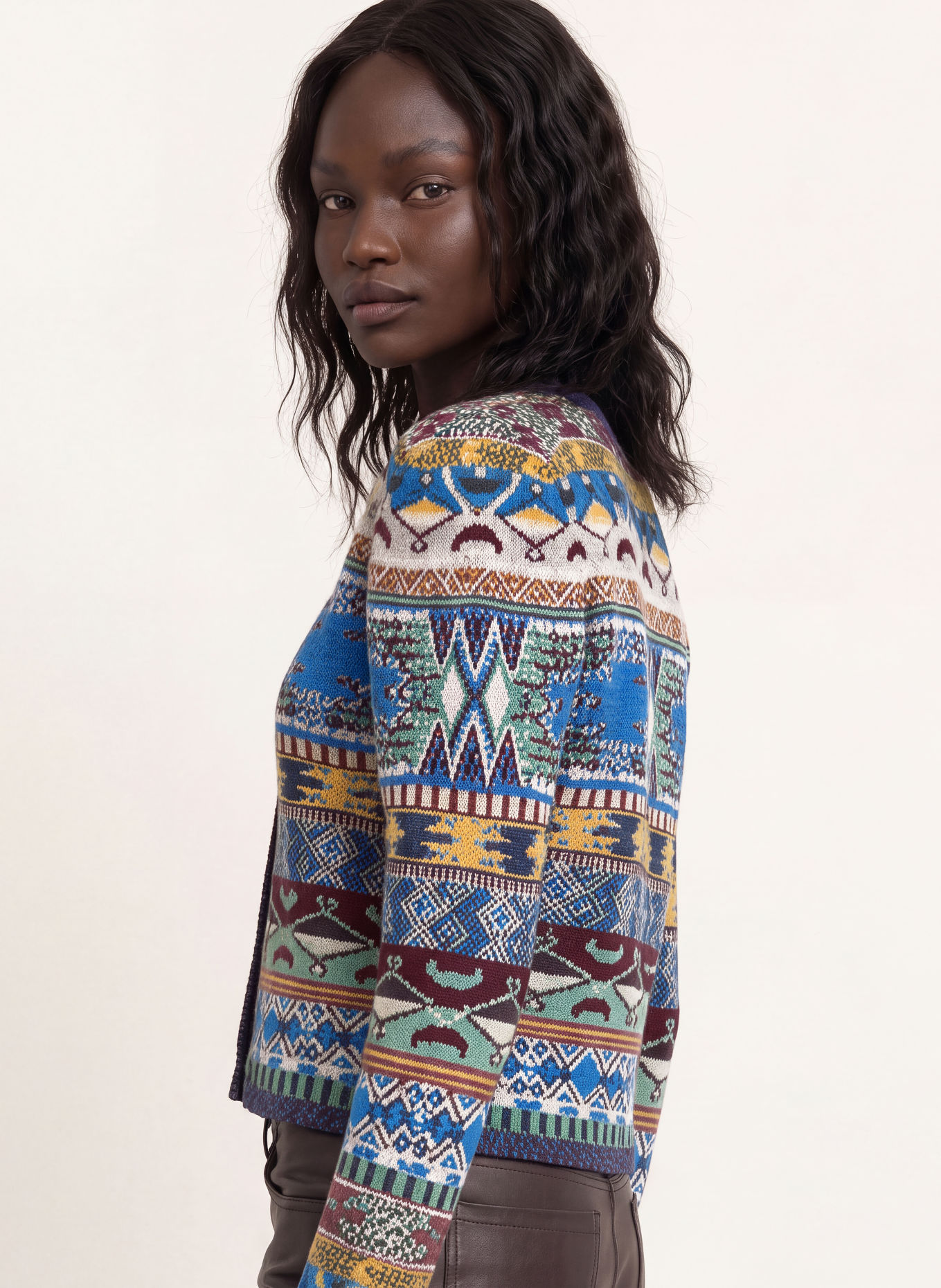 ba&sh MAJA Cardigan with Glitter Yarn: BLUE / DARK RED / LIGHT YELLOW