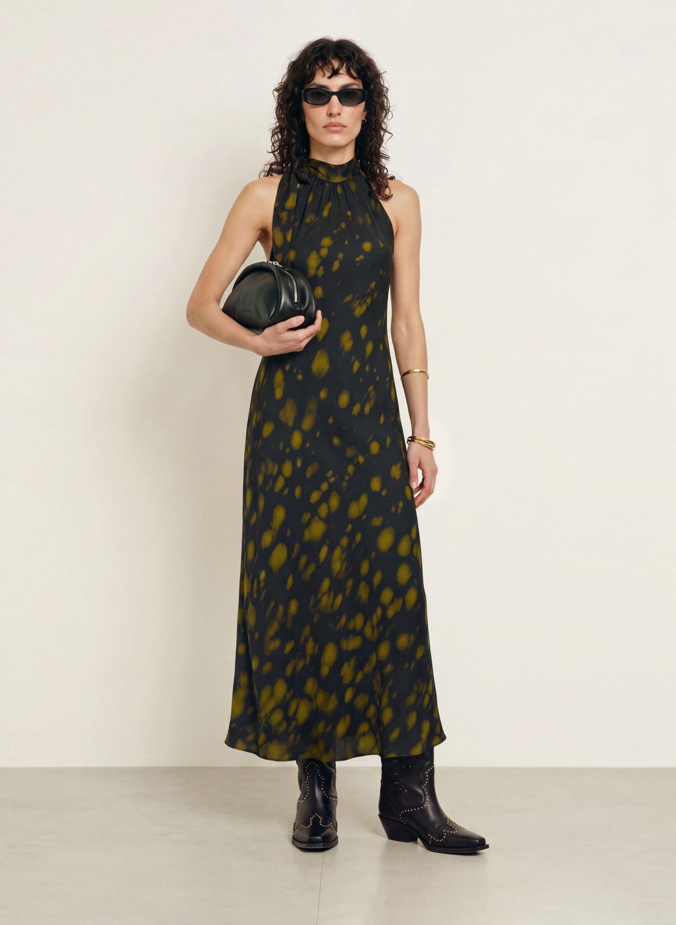 ALLSAINTS Satinkleid BERIL mit Schluppe und Seide: SCHWARZ / OLIV