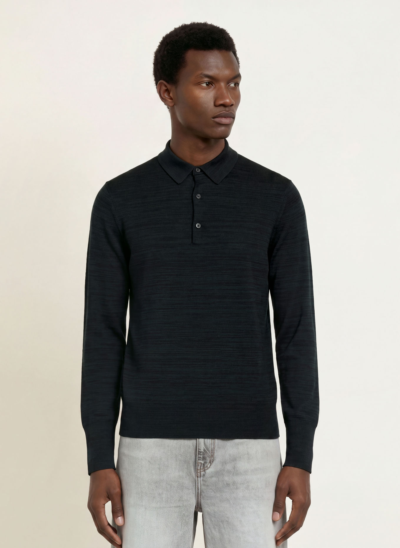 ALLSAINTS Strick-Poloshirt BETON: SCHWARZ / DUNKELGRÜN