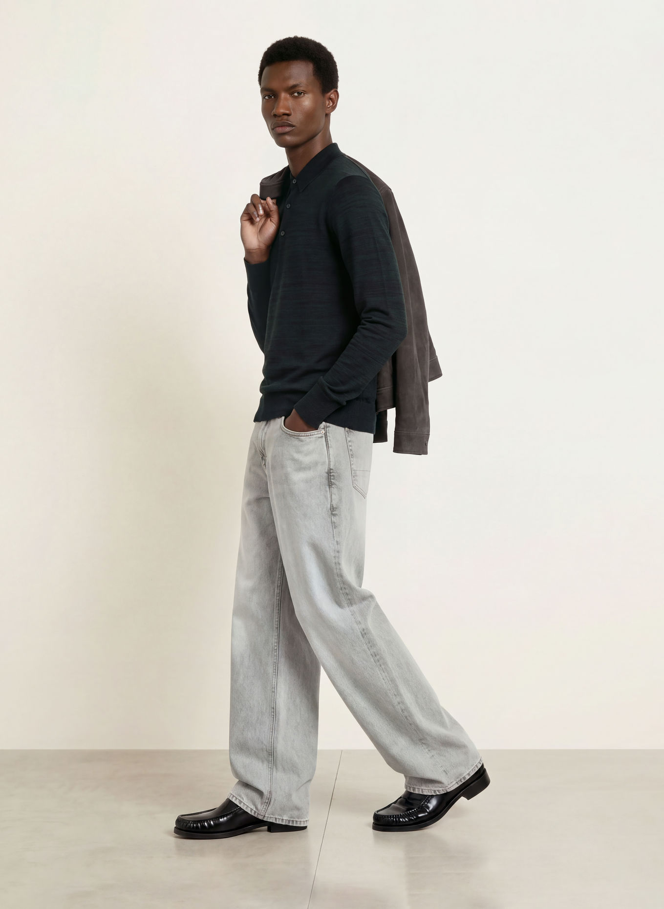 ALLSAINTS Strick-Poloshirt BETON: SCHWARZ / DUNKELGRÜN