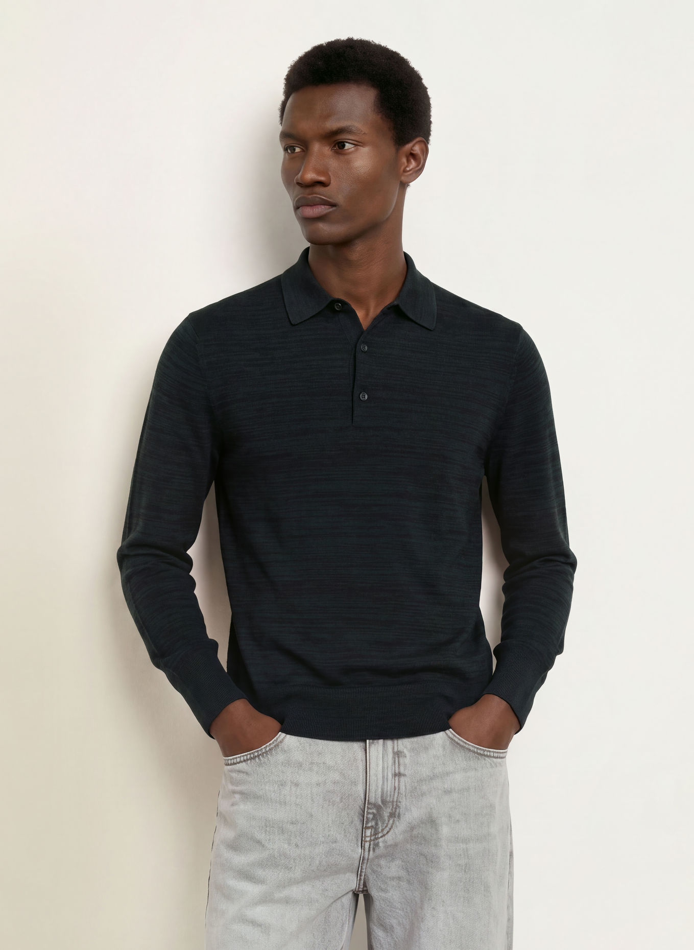 ALLSAINTS Strick-Poloshirt BETON: SCHWARZ / DUNKELGRÜN