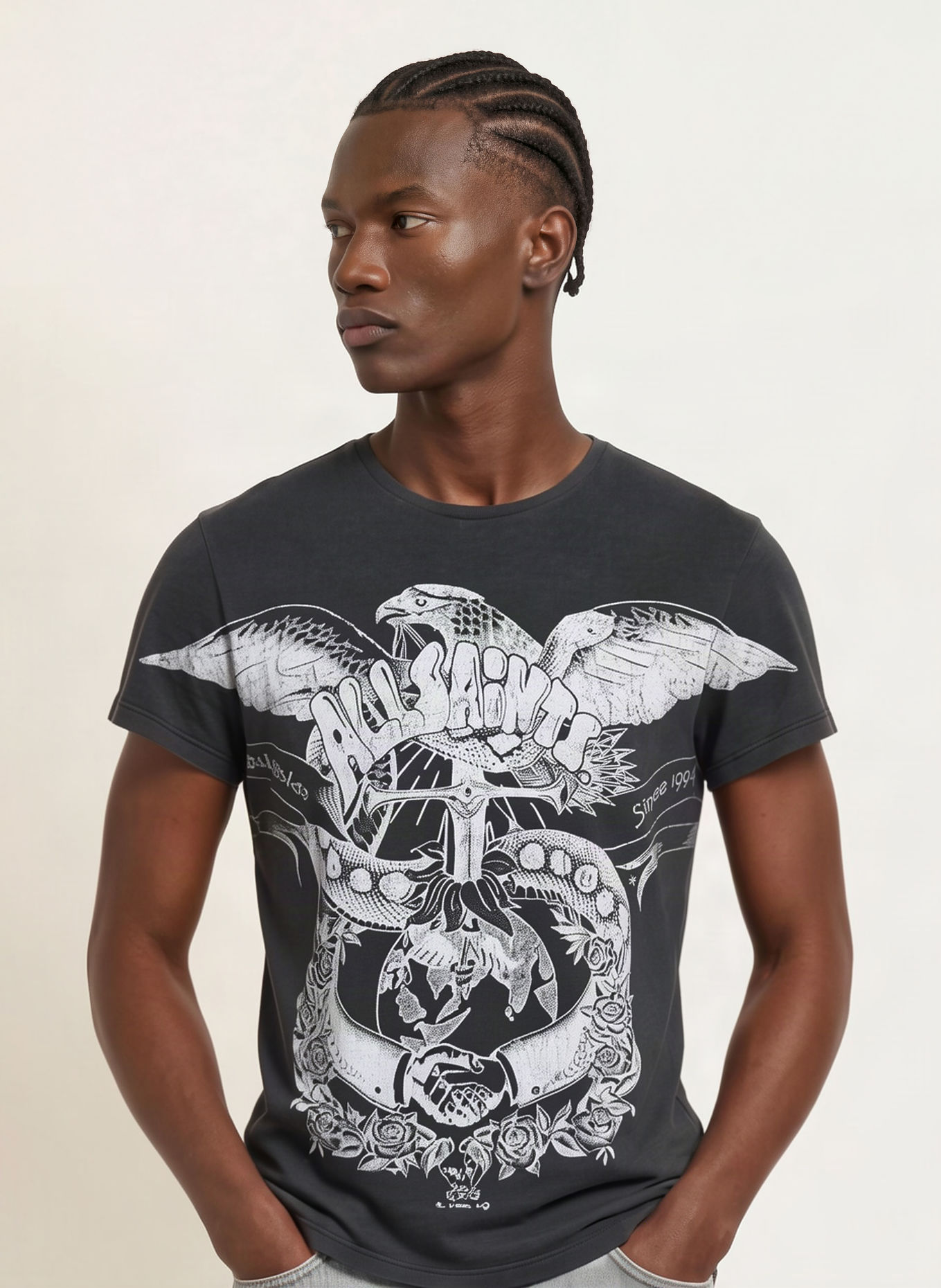 ALLSAINTS T-shirt EMBLEMS: GRIS FONCÉ / GRIS CLAIR