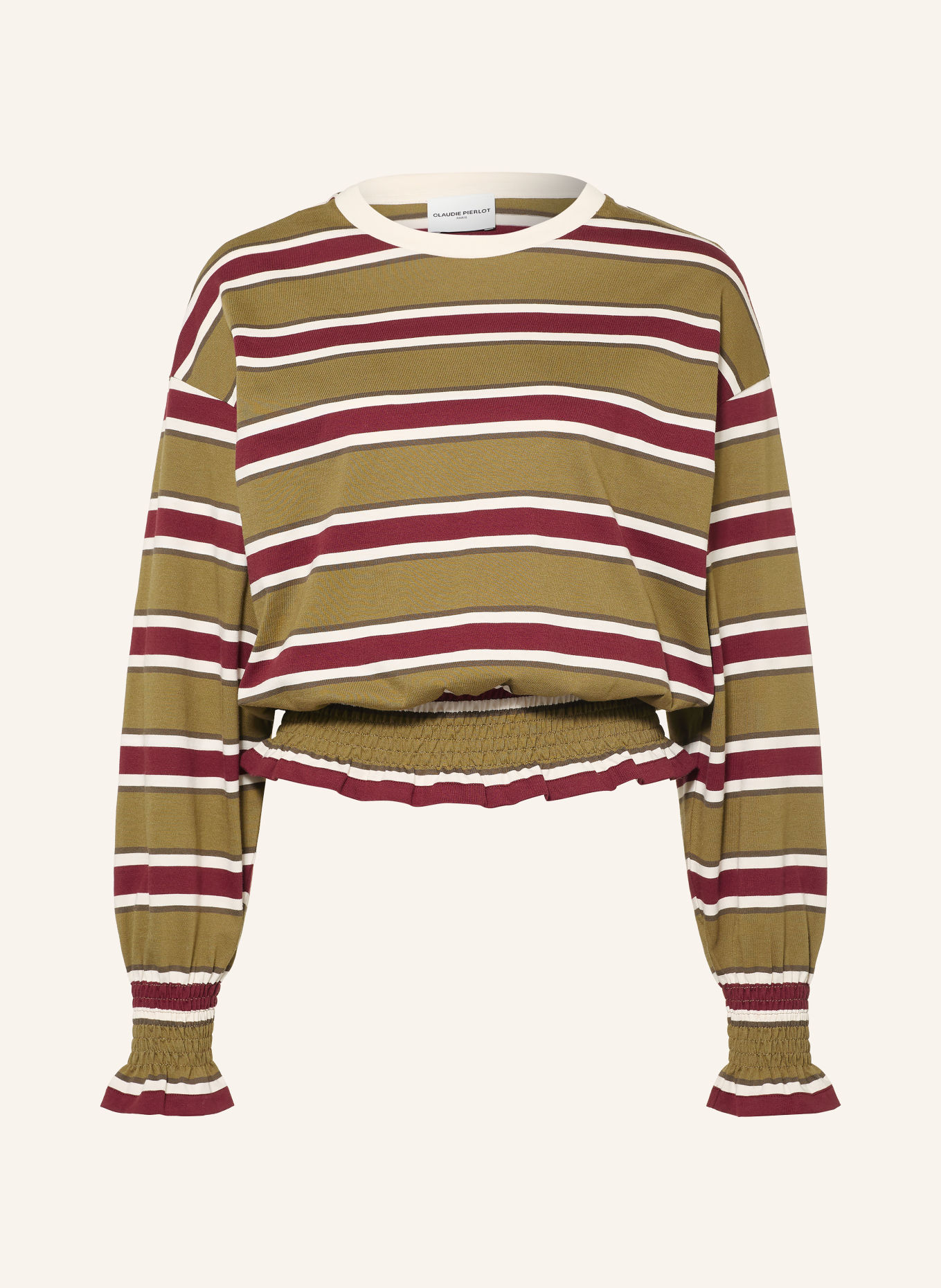 CLAUDIE PIERLOT Longsleeve mit Rüschen: OLIV / DUNKELROT / WEISS