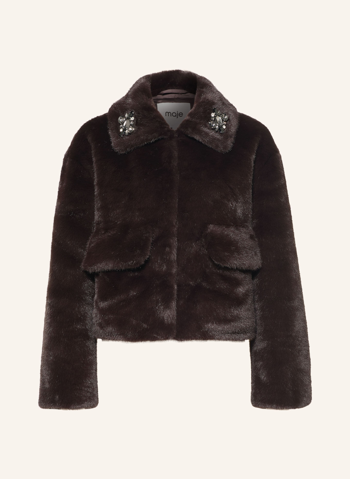 maje Kunstfell-Jacke mit Schmucksteinen: DUNKELBRAUN