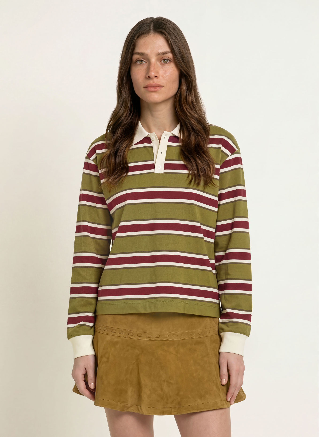 CLAUDIE PIERLOT Jersey-Poloshirt: OLIV / CREME / DUNKELROT