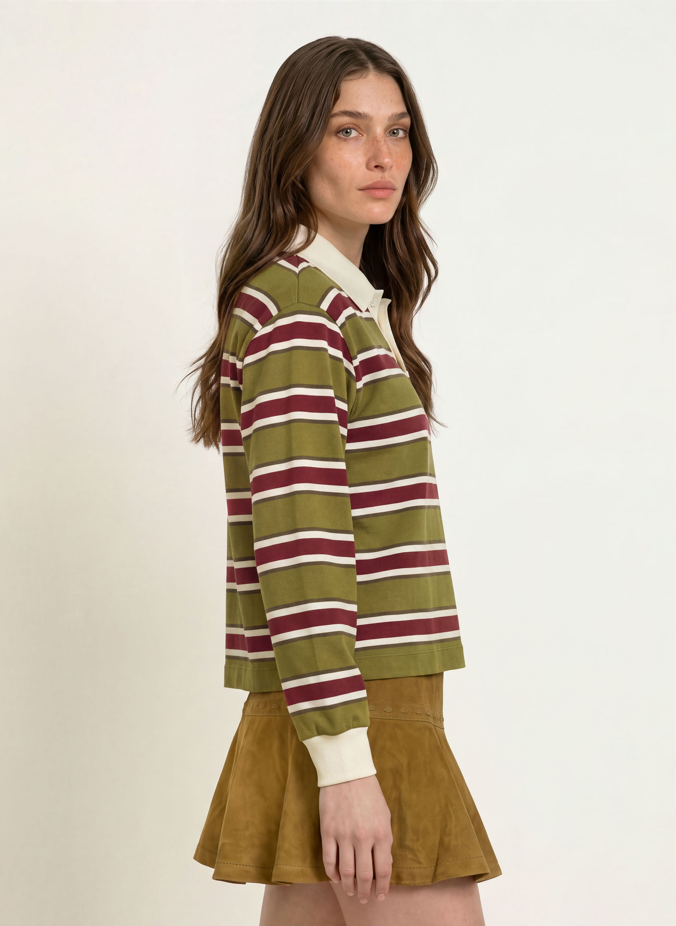 CLAUDIE PIERLOT Jersey-Poloshirt: OLIV / CREME / DUNKELROT
