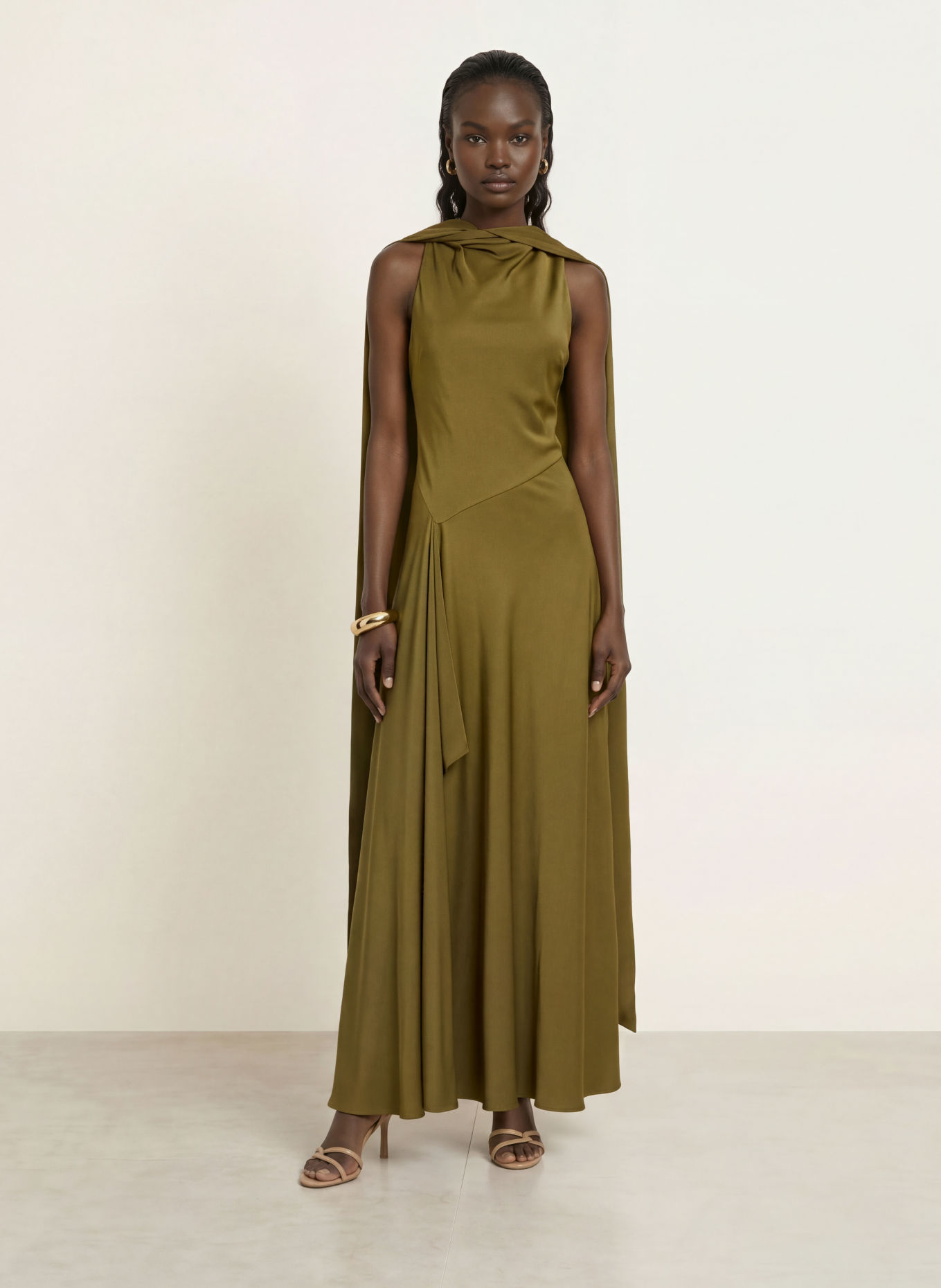 REISS SABINE satin evening dress: OLIVE