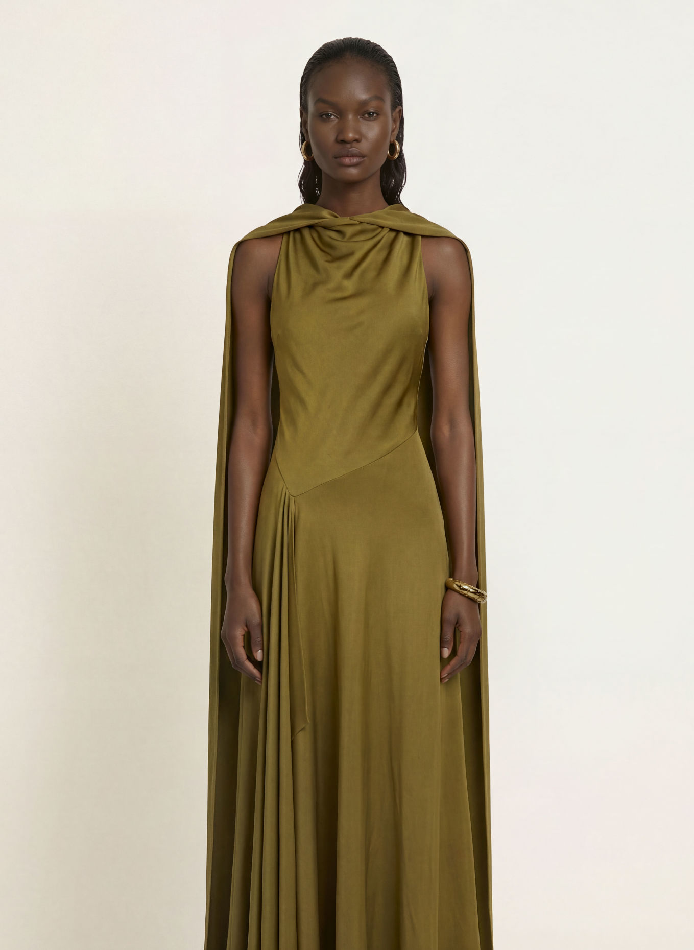 REISS SABINE satin evening dress: OLIVE