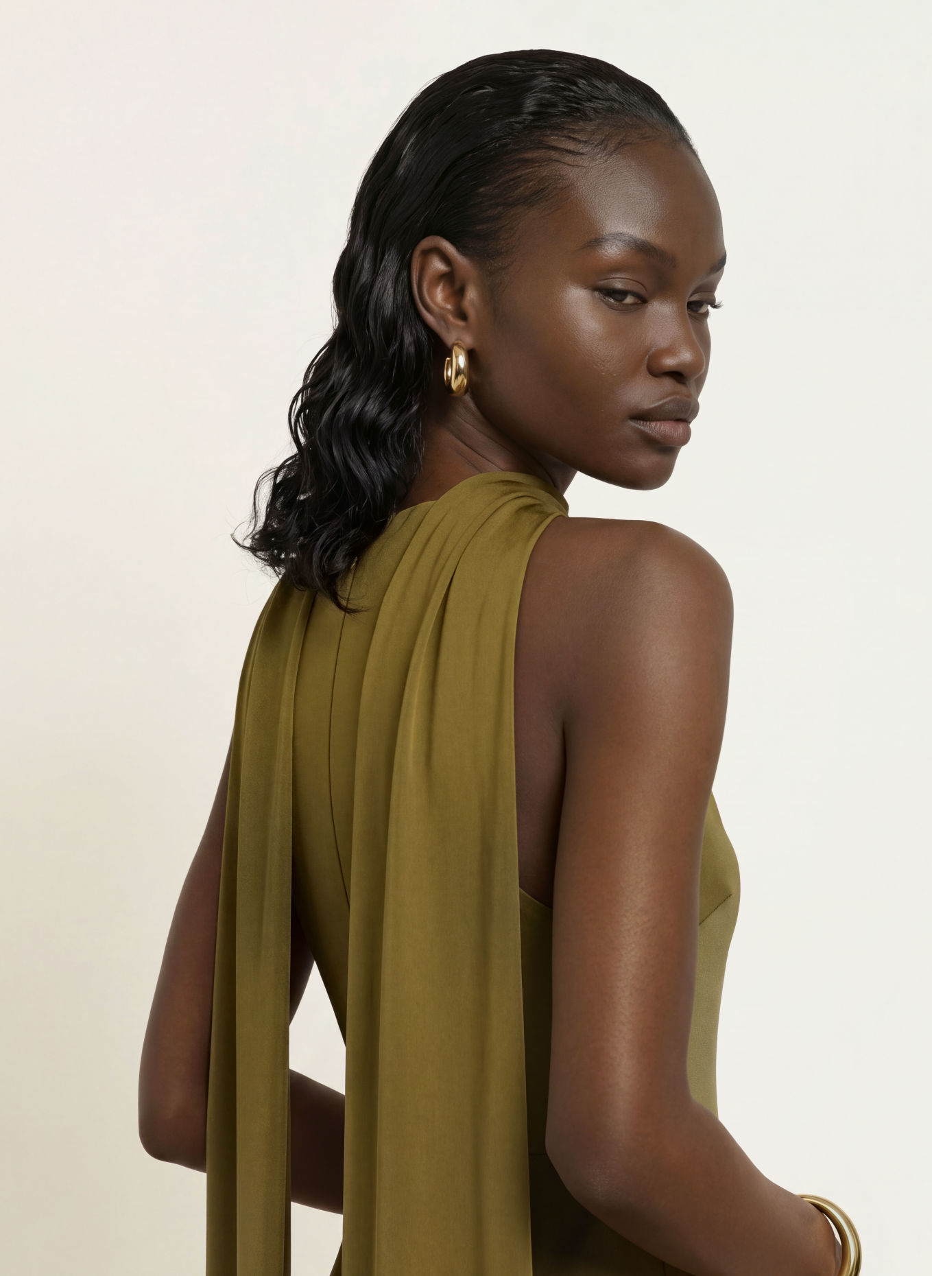REISS SABINE satin evening dress: OLIVE