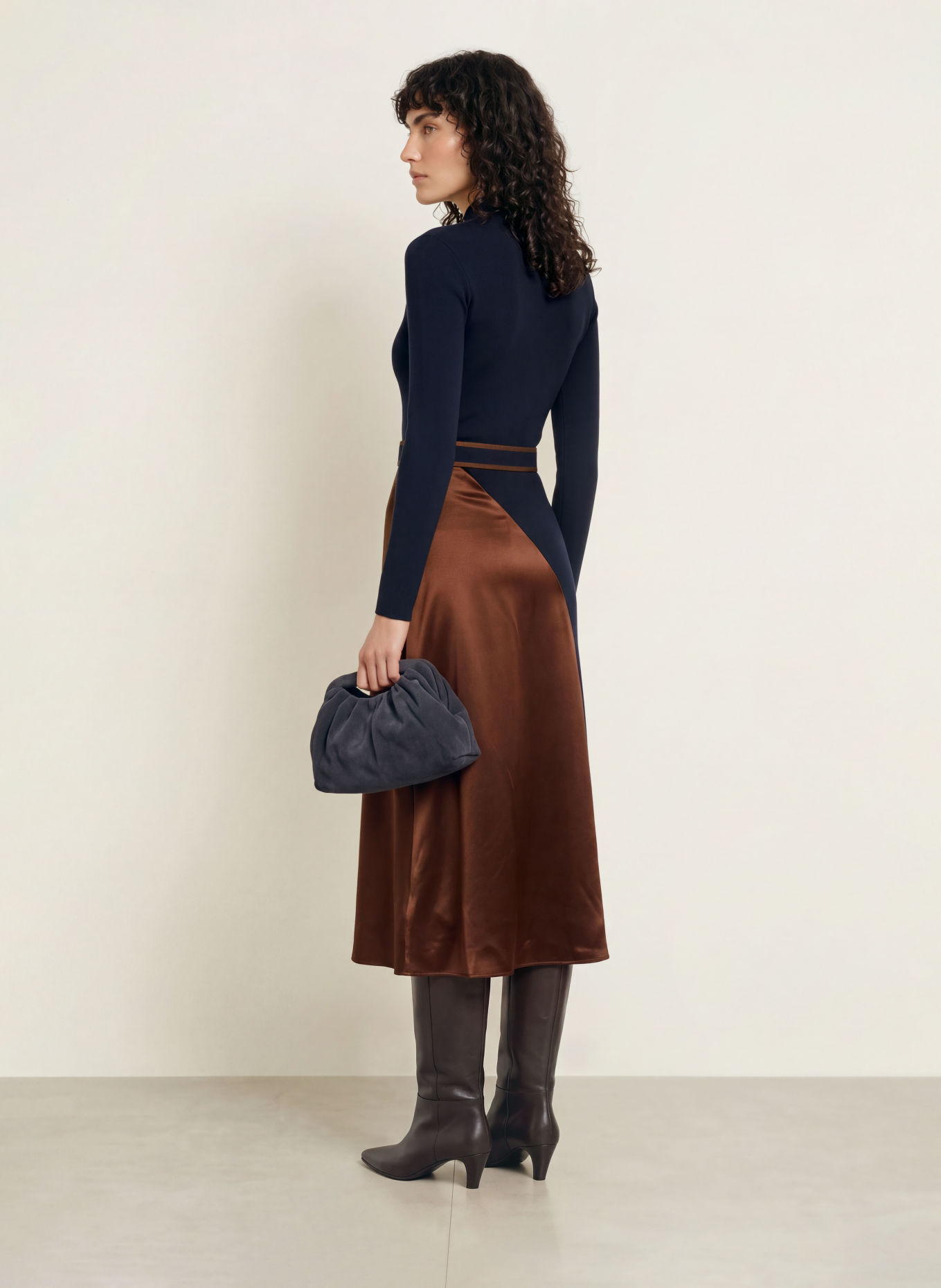 REISS MISTY Knit Dress in a mix of materials: DARK BLUE / BROWN