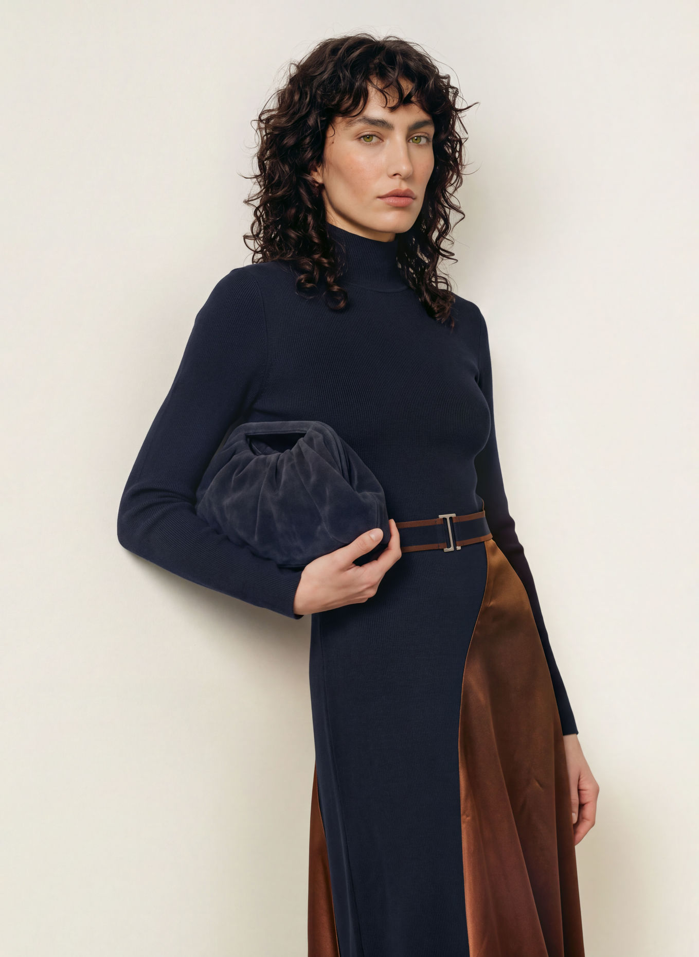 REISS MISTY Knit Dress in a mix of materials: DARK BLUE / BROWN
