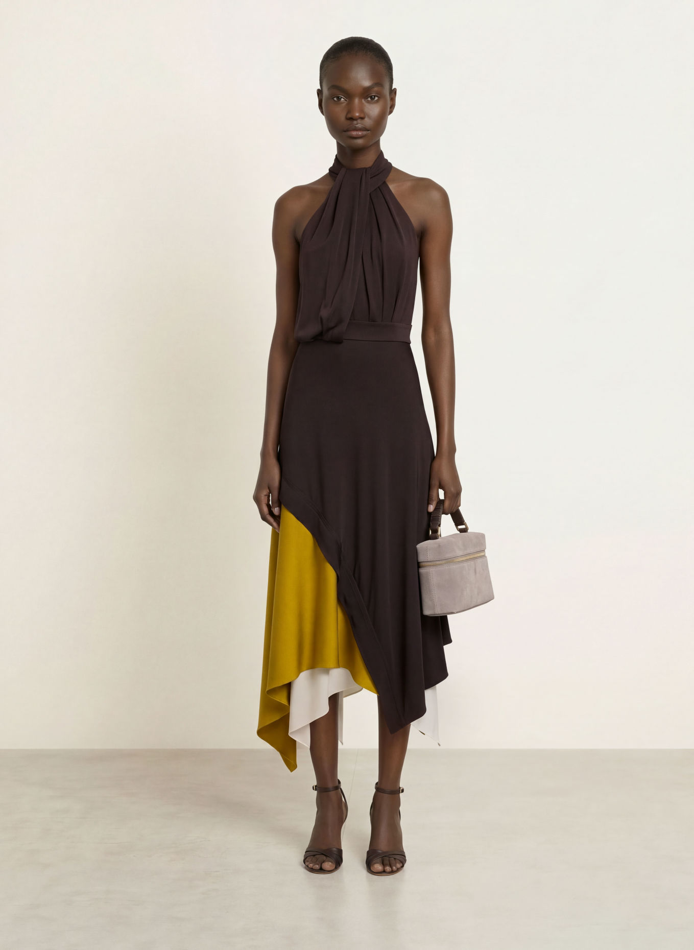 REISS BIANCA Satin Dress: DARK BROWN / OLIVE