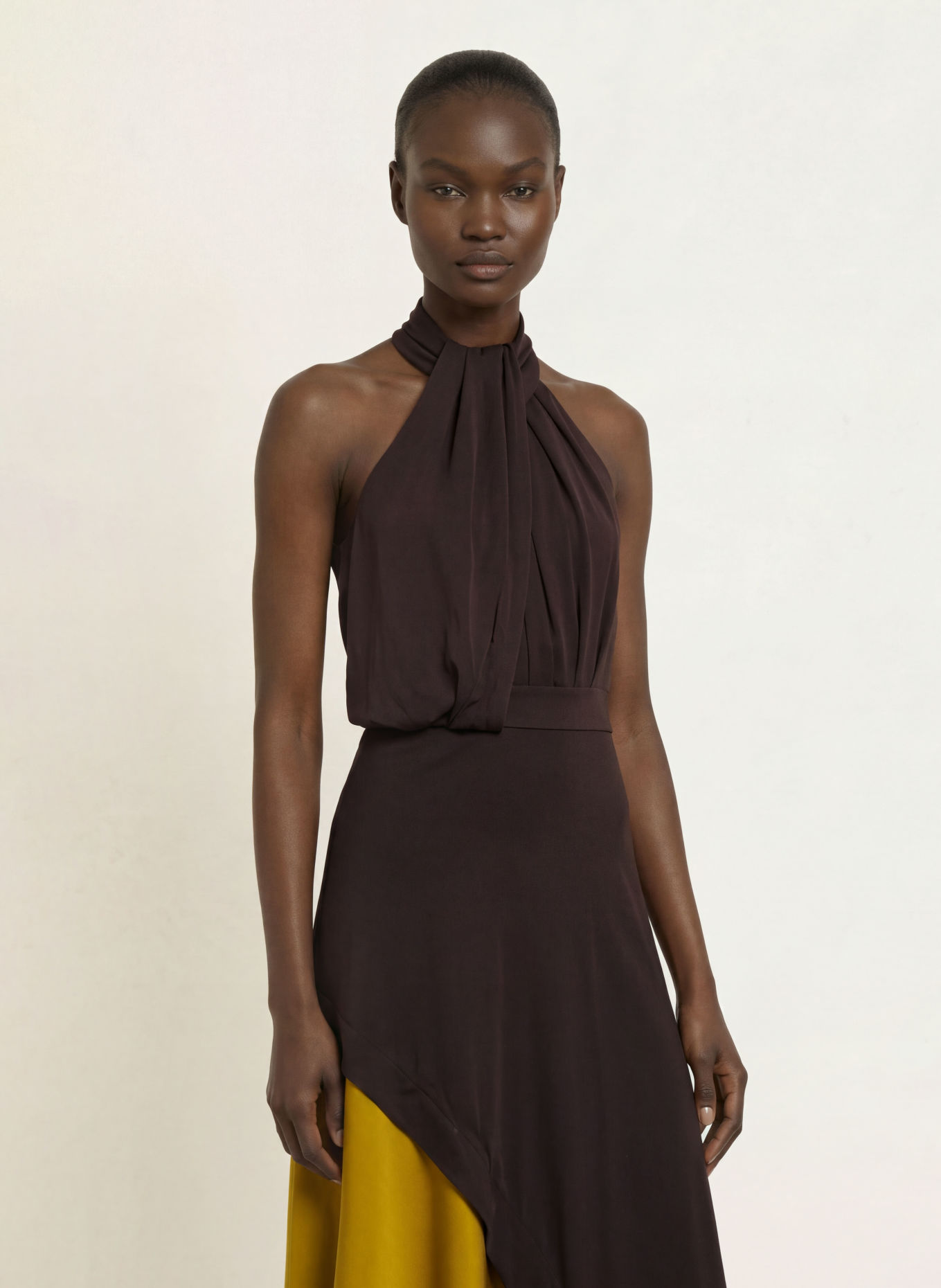 REISS BIANCA Satin Dress: DARK BROWN / OLIVE