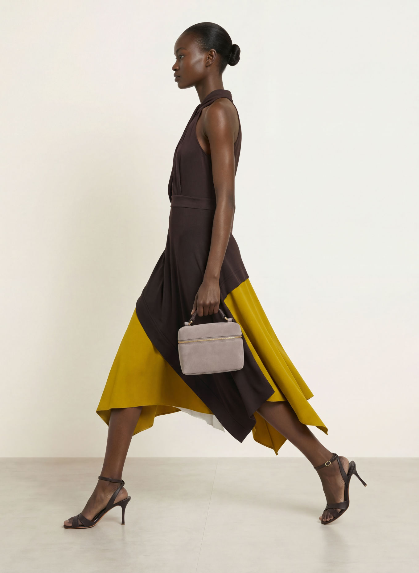 REISS BIANCA Satin Dress: DARK BROWN / OLIVE