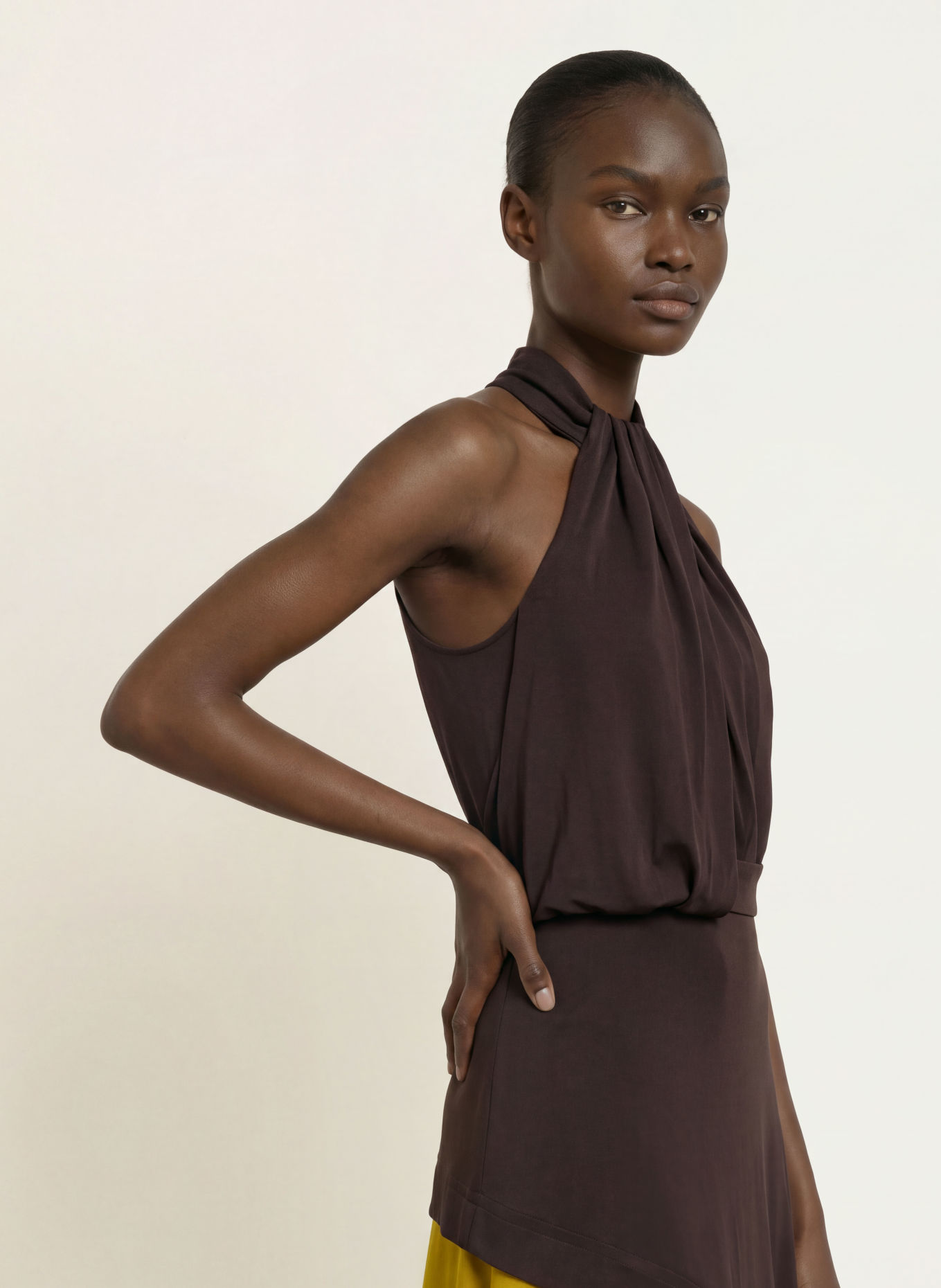 REISS BIANCA Satin Dress: DARK BROWN / OLIVE
