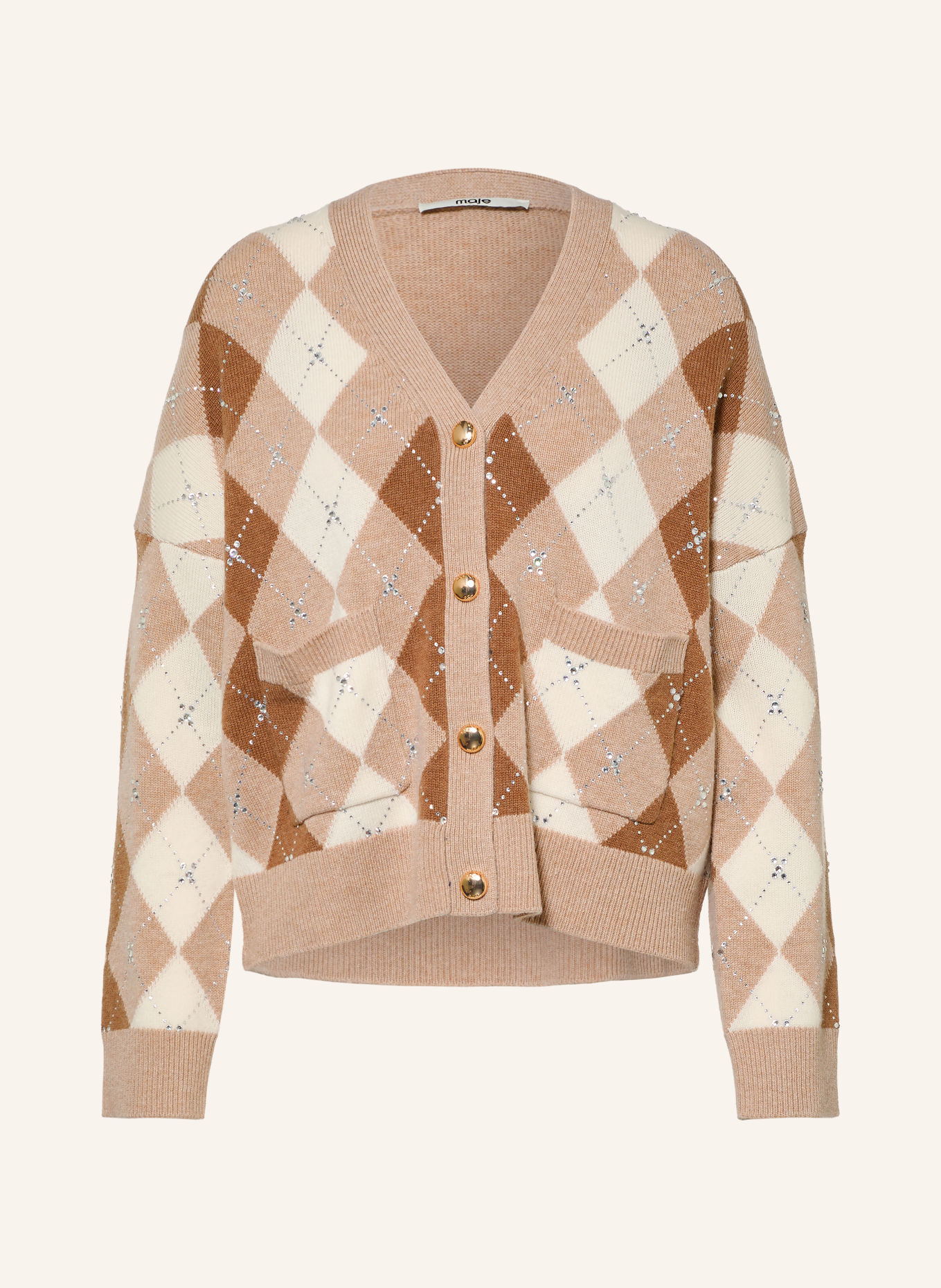 maje Strickjacke mit Schmucksteinen: BEIGE / BRAUN / CREME