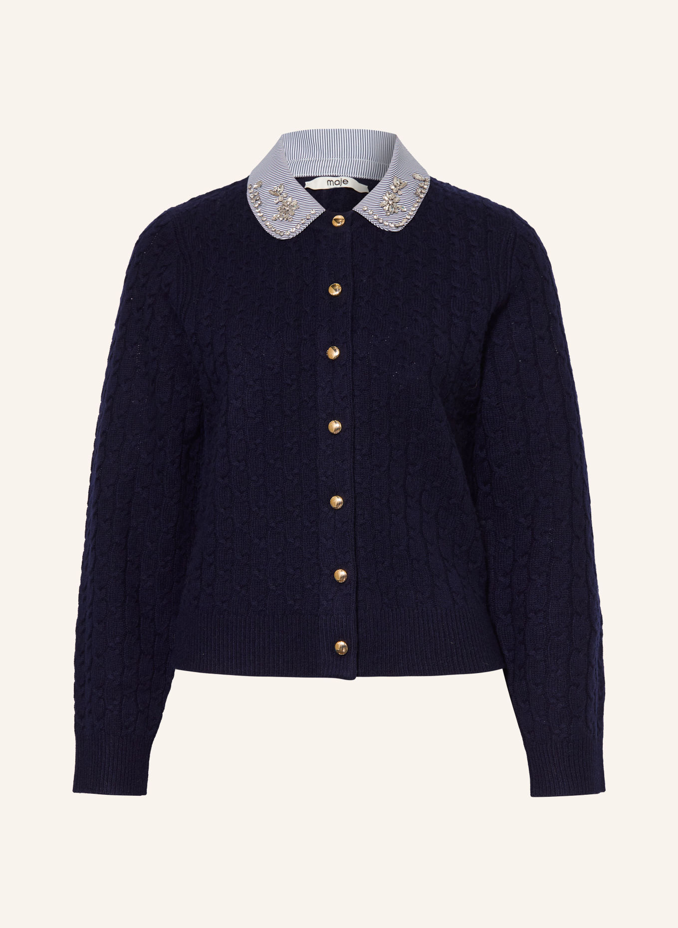 maje Strickjacke mit abnehmbarem Kragen und Schmucksteinen: DUNKELBLAU / WEISS